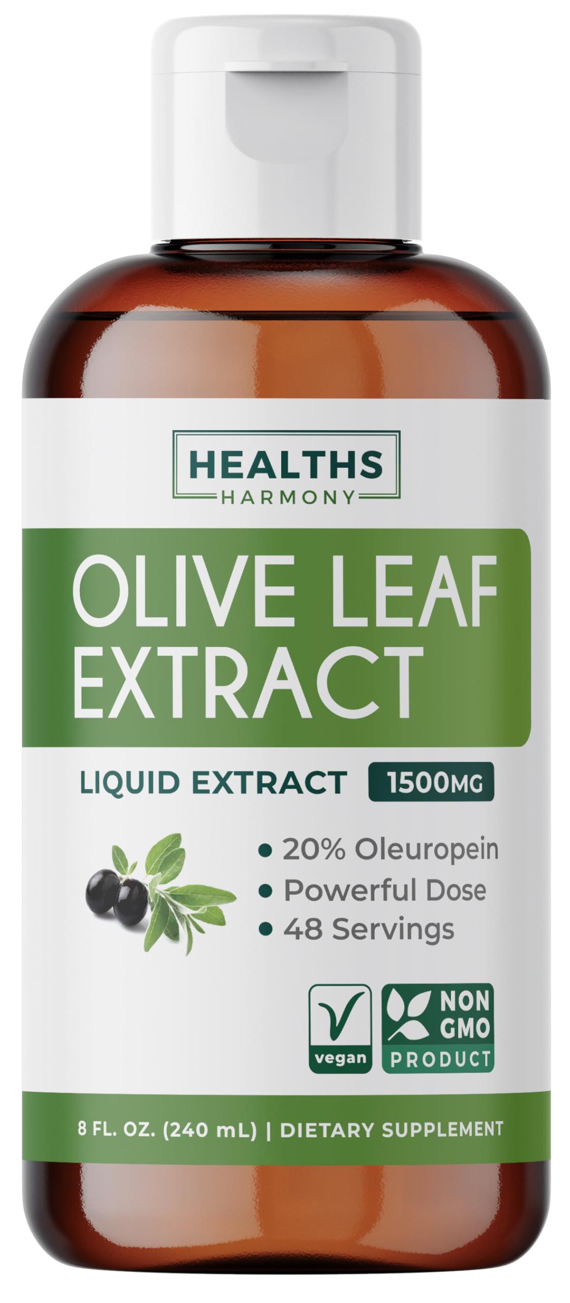 Healths Harmony Olive Leaf Extract 1500mg liquid bottle front view