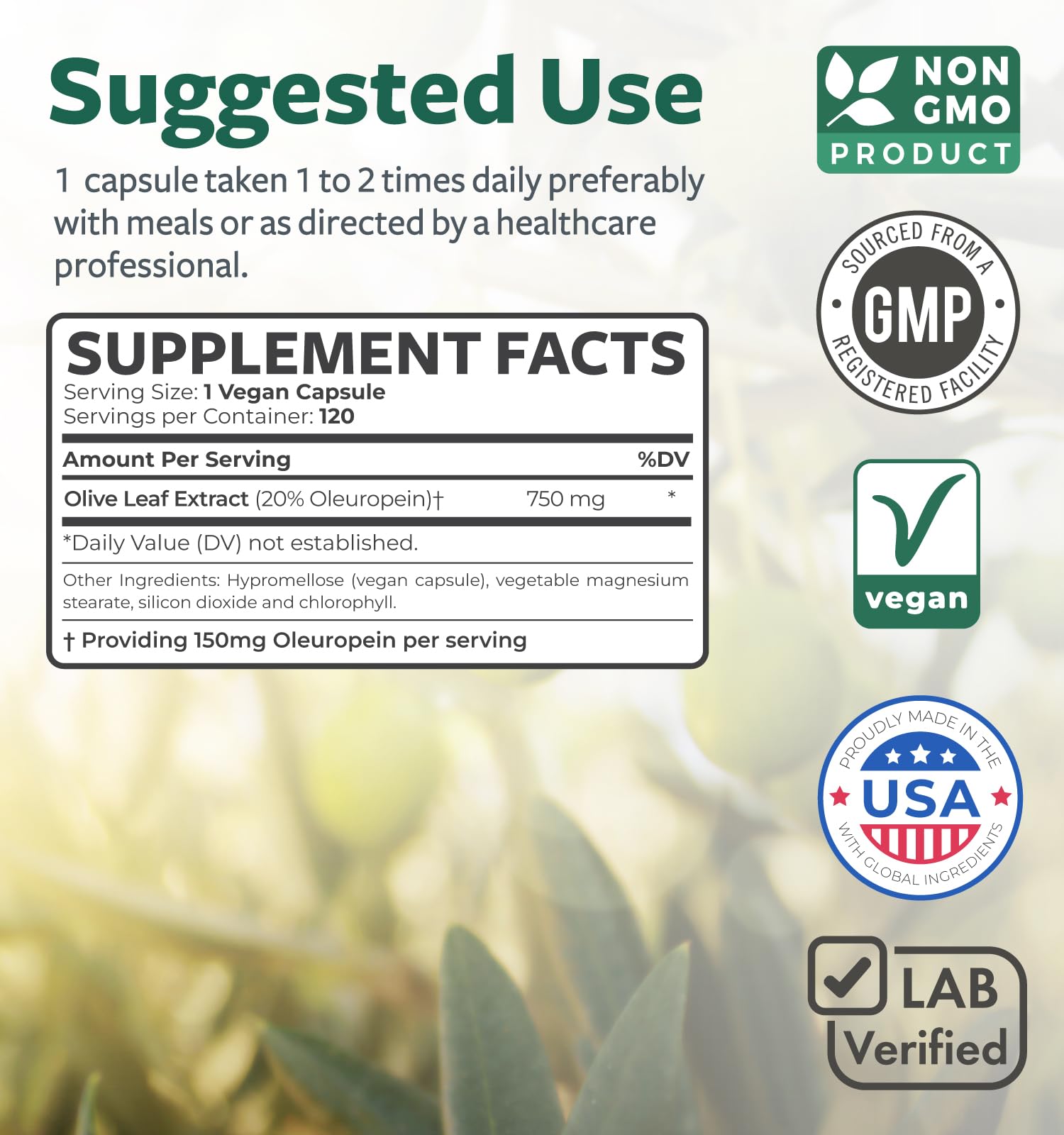 Healths Harmony Olive Leaf Extract 750mg capsules on a wooden table