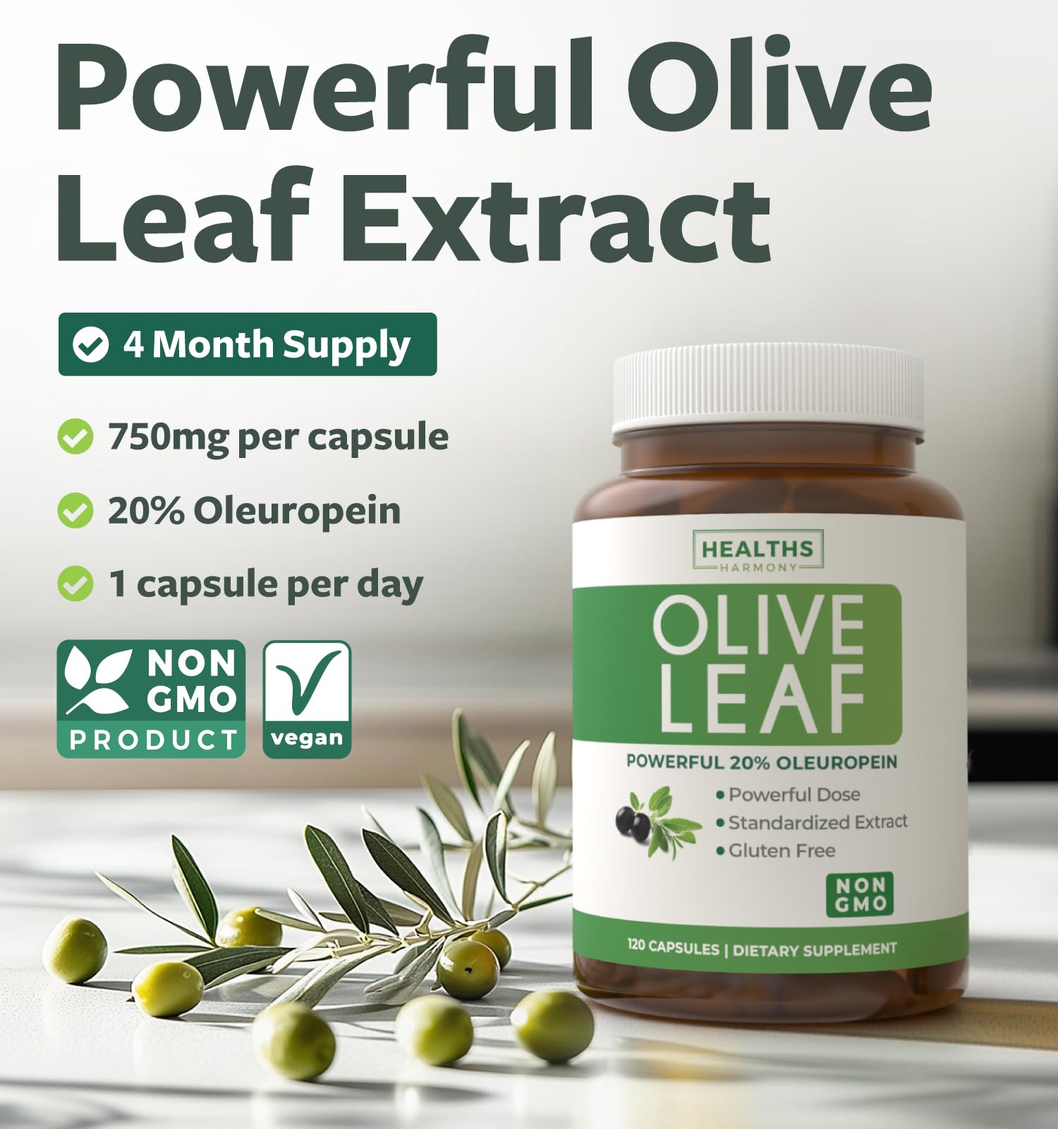 Healths Harmony Olive Leaf Extract 750mg capsules side view