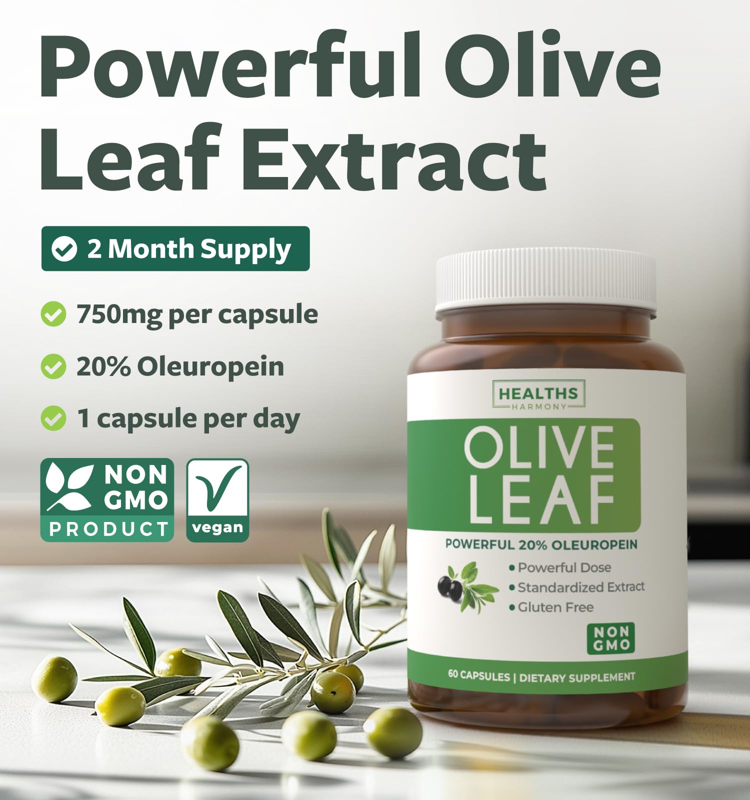 Healths Harmony Olive Leaf Extract bottle with 60 capsules