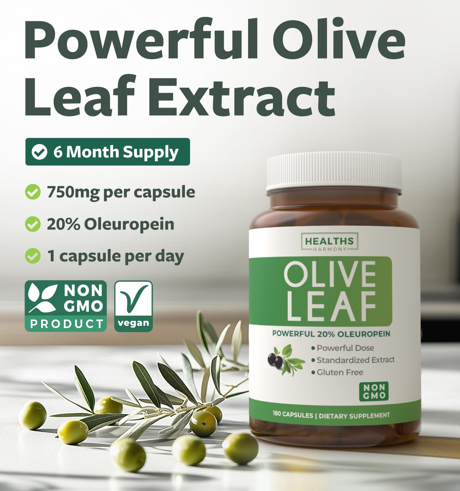 Healths Harmony Olive Leaf Extract bottle with label