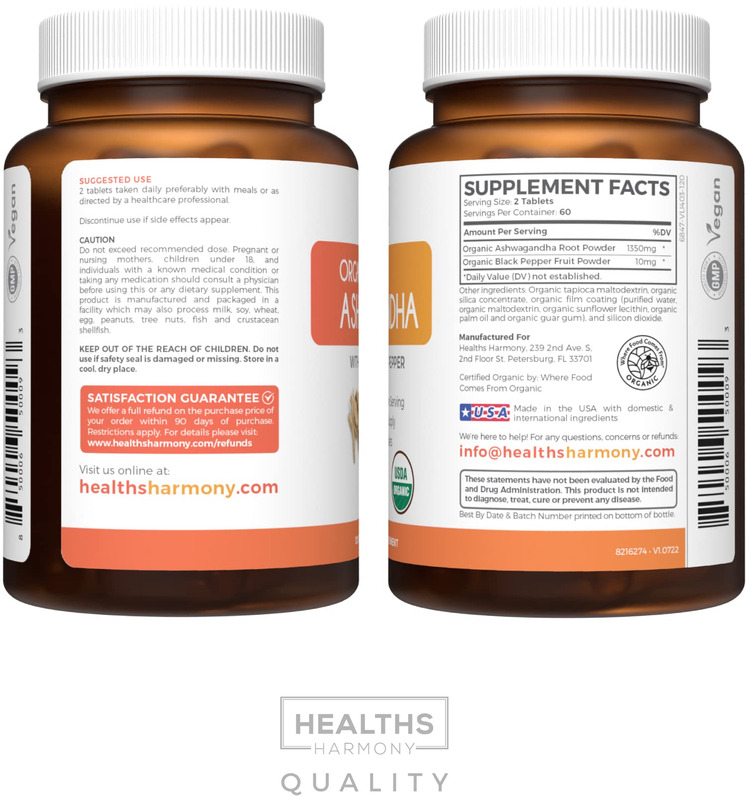 Healths Harmony Organic Ashwagandha Root Powder 1350mg with measuring spoon