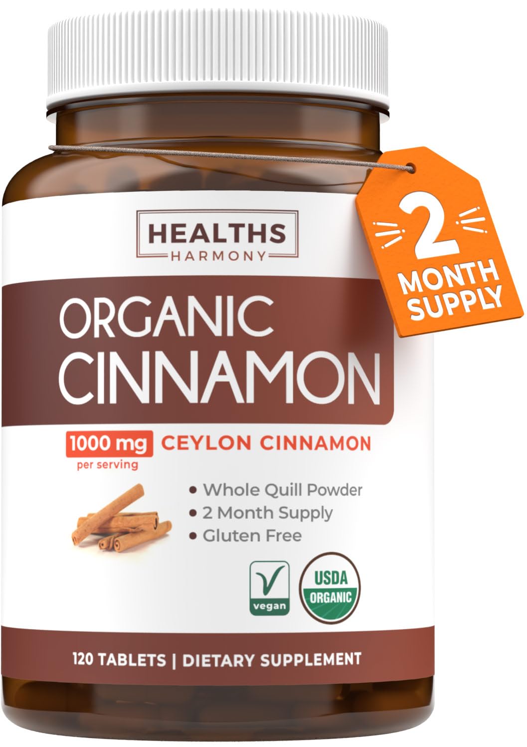 Healths Harmony Organic Ceylon Cinnamon 120 veggie tablets front view