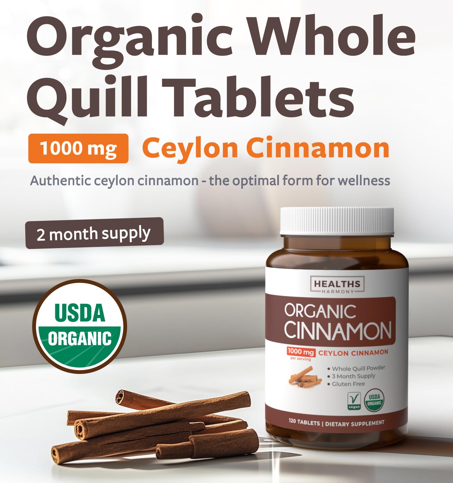 Healths Harmony Organic Ceylon Cinnamon bottle side view