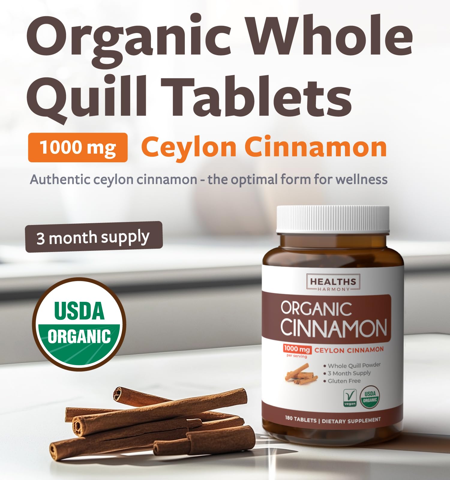 Healths Harmony Organic Ceylon Cinnamon bottle side view