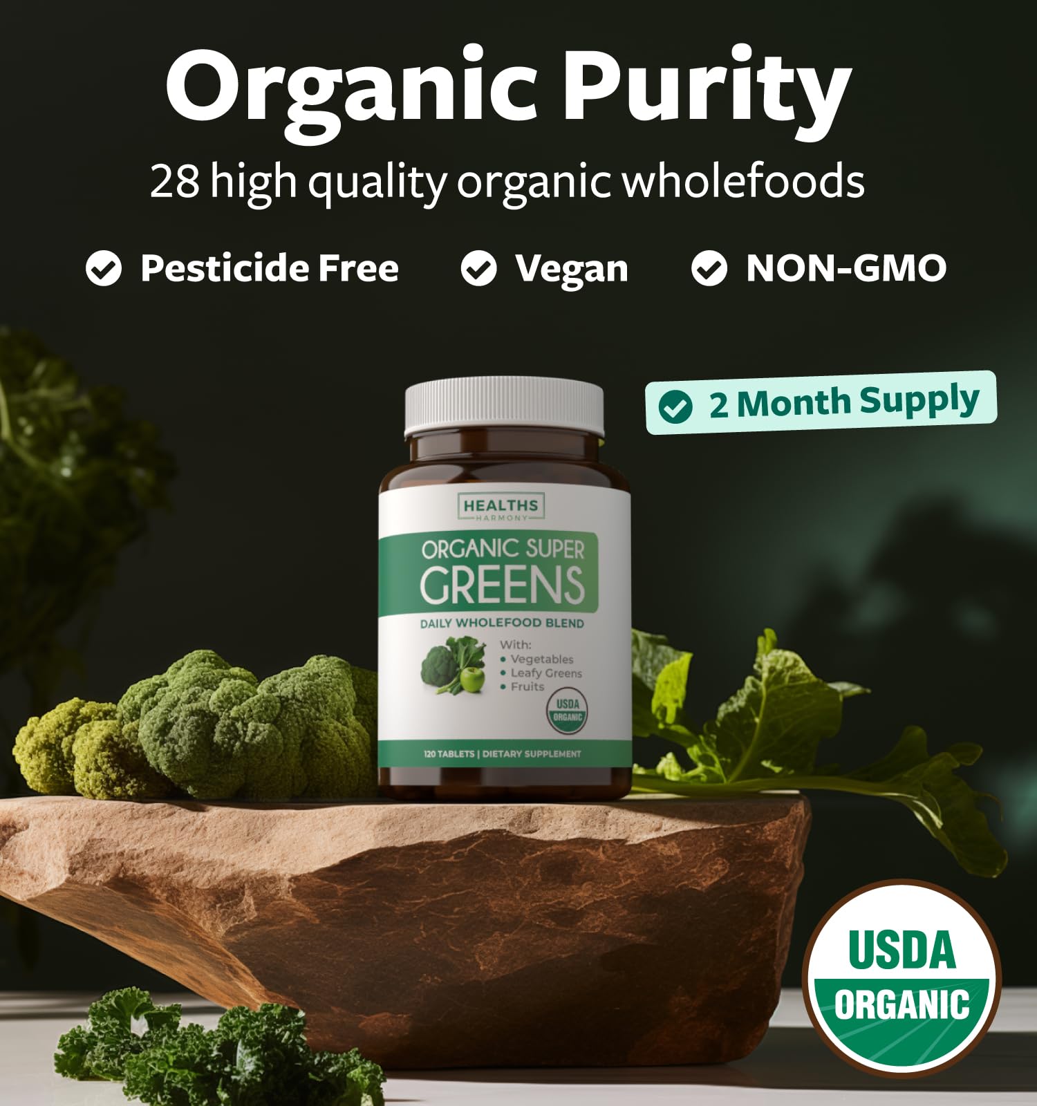 Healths Harmony Organic Super Greens Tablets side view