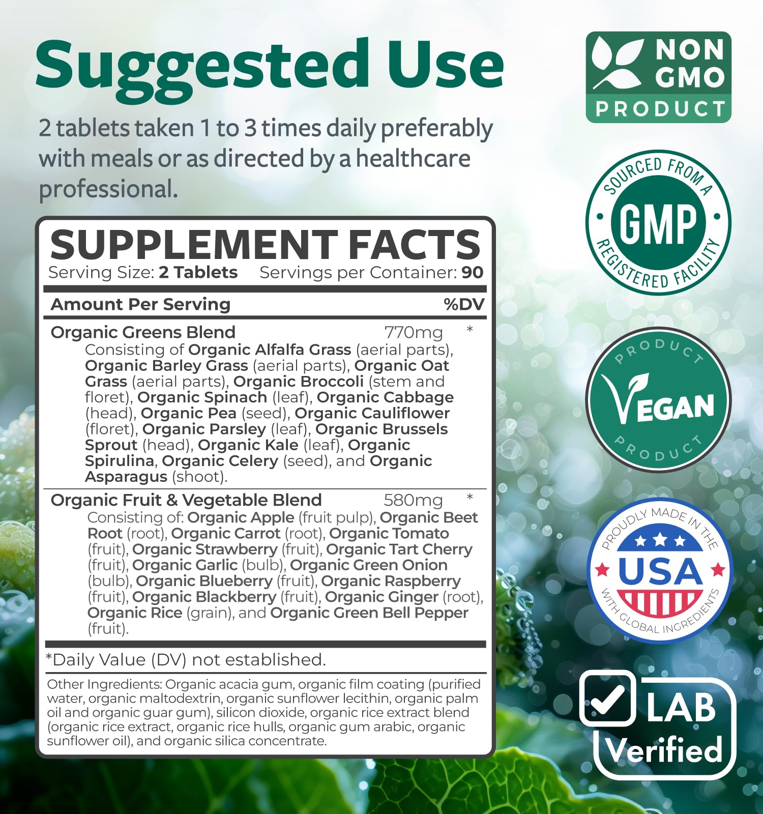 Healths Harmony Organic Super Greens Tablets with fresh vegetables