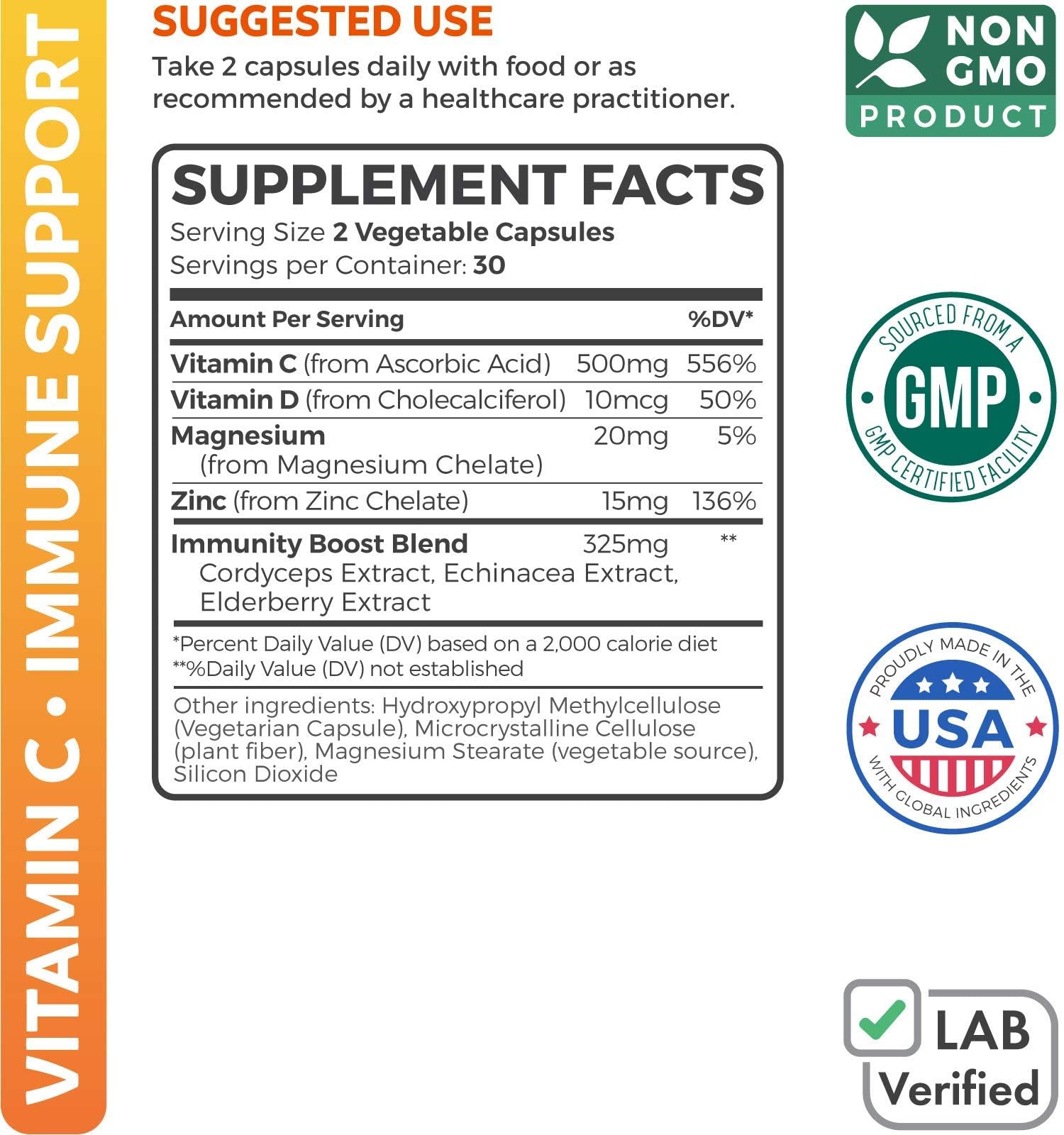 Healths Harmony Vitamin C Supplement 500mg back view with ingredients