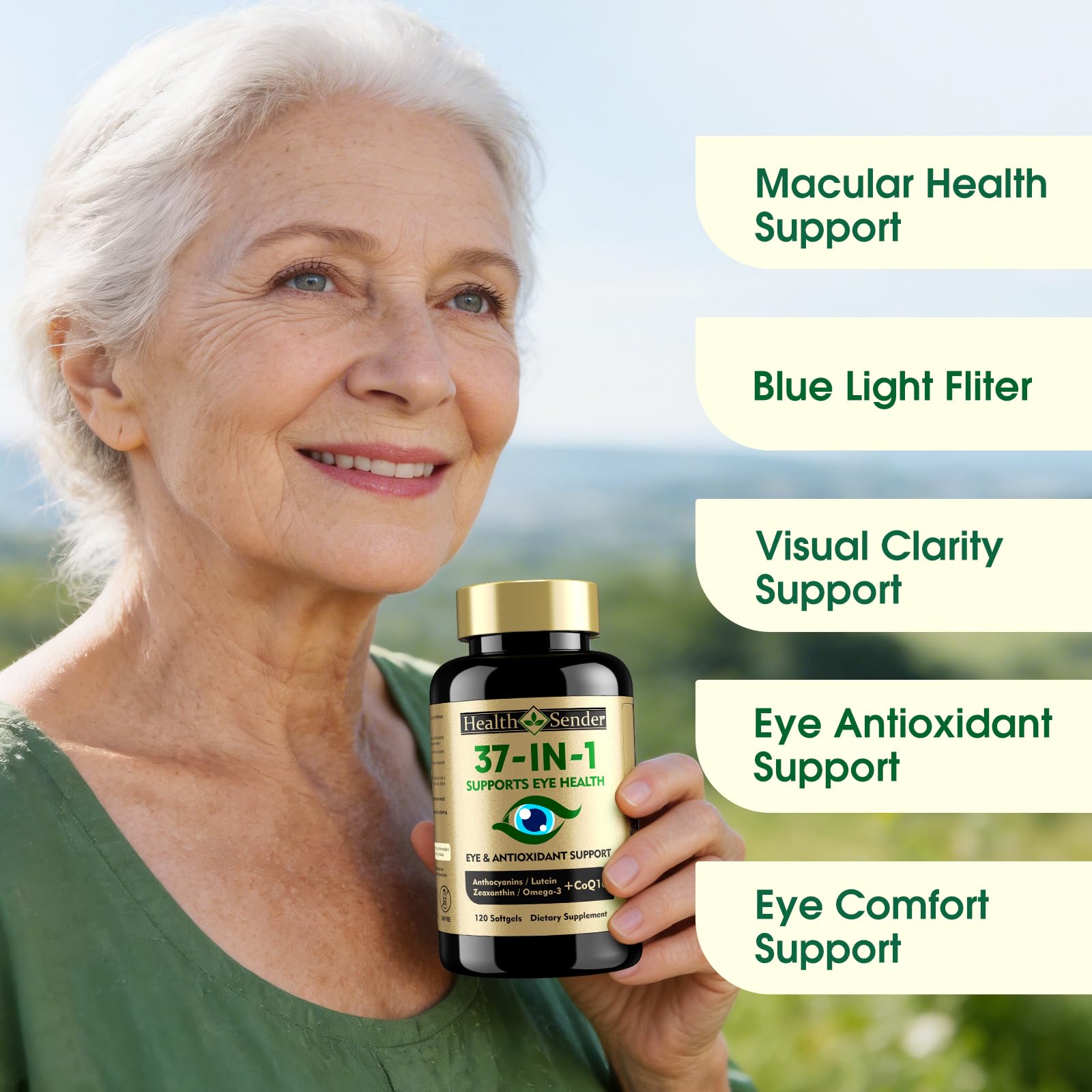 HealthSender Lutein and Zeaxanthin Supplement softgels on a table