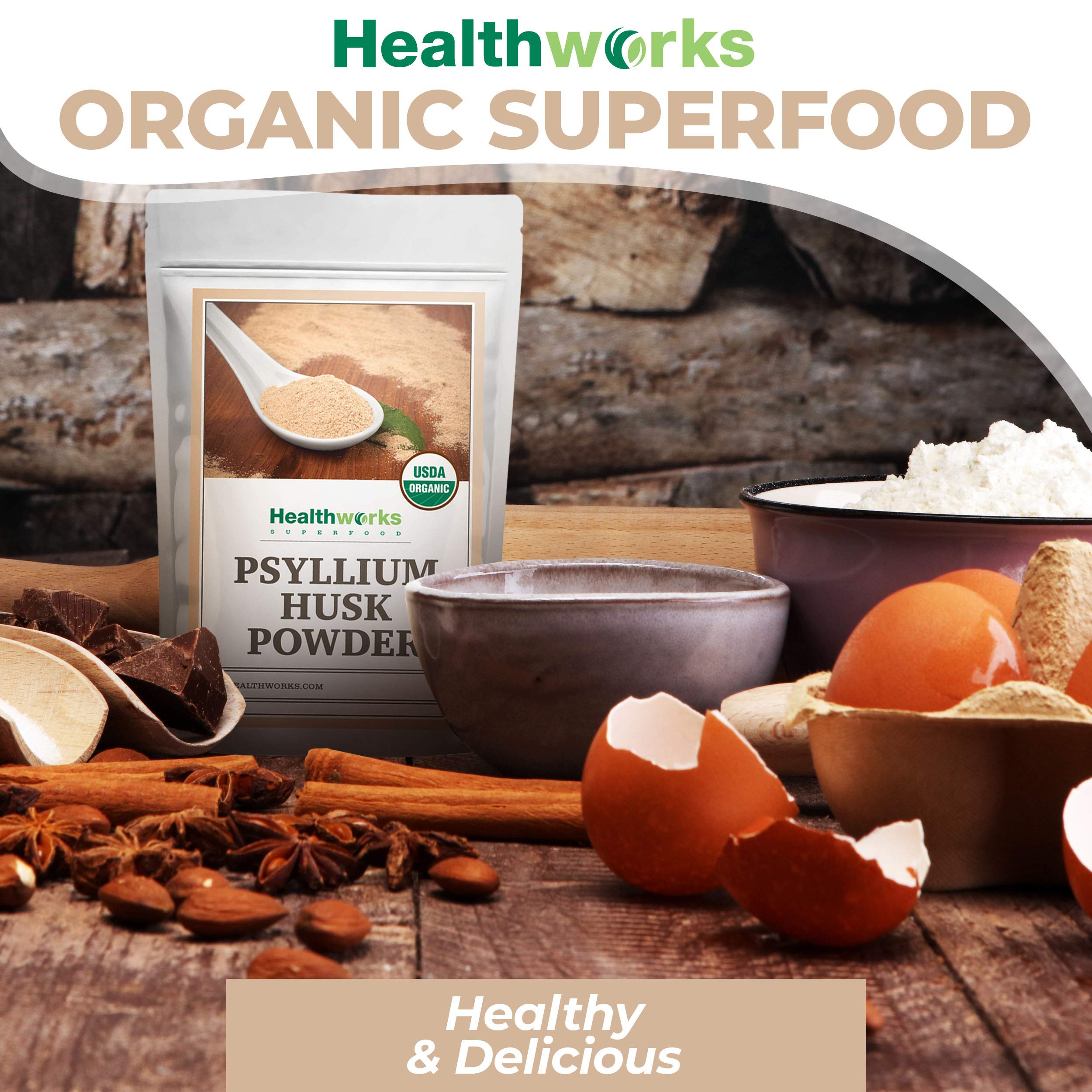 Healthworks Superfoods Organic Psyllium Husk Powder mixed in a smoothie