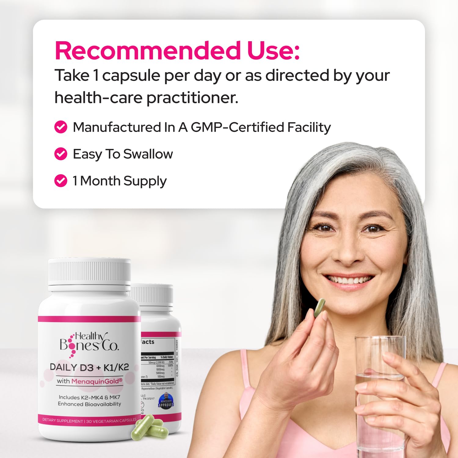 Healthy Bones Co. Daily D3+K1/K2 Supplement capsules on a table