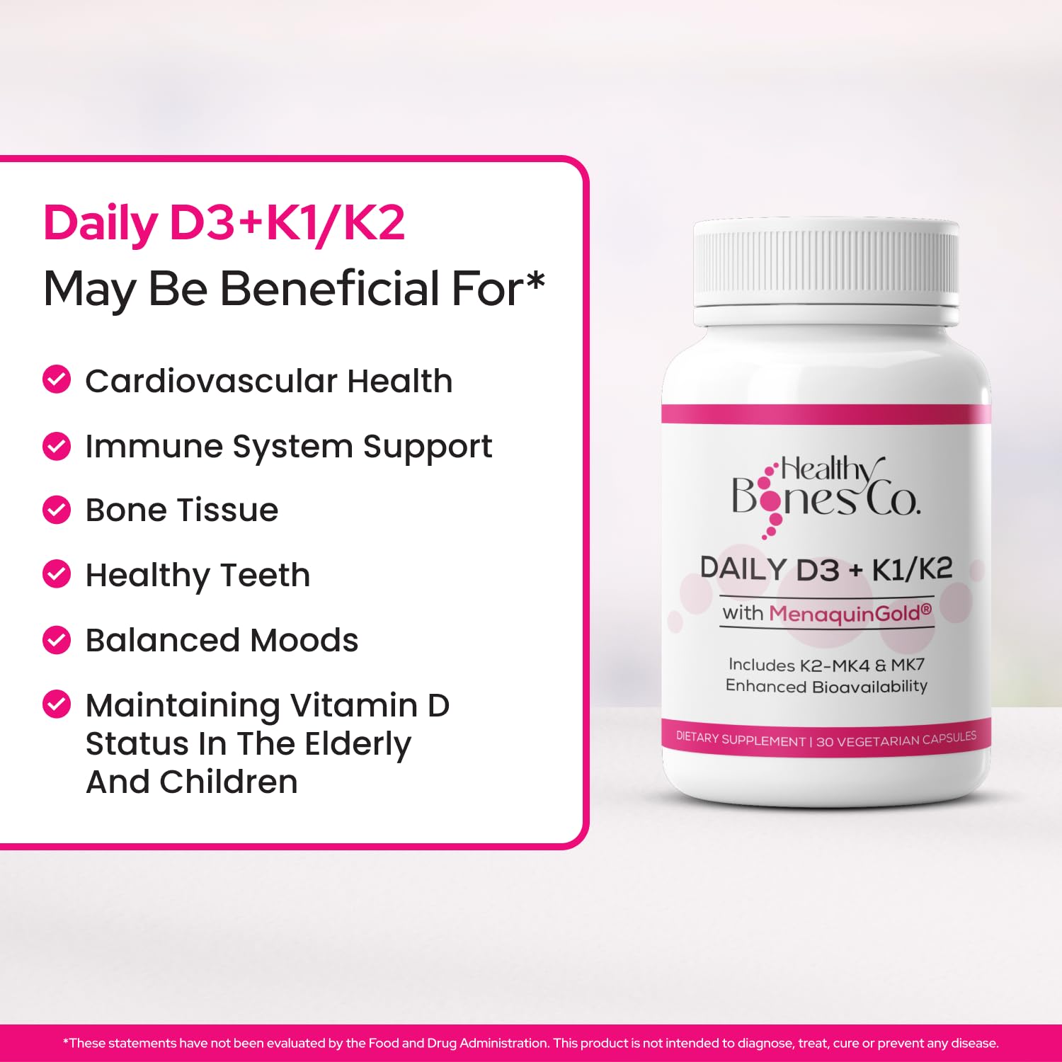 Healthy Bones Co. Daily D3+K1/K2 Supplement side view