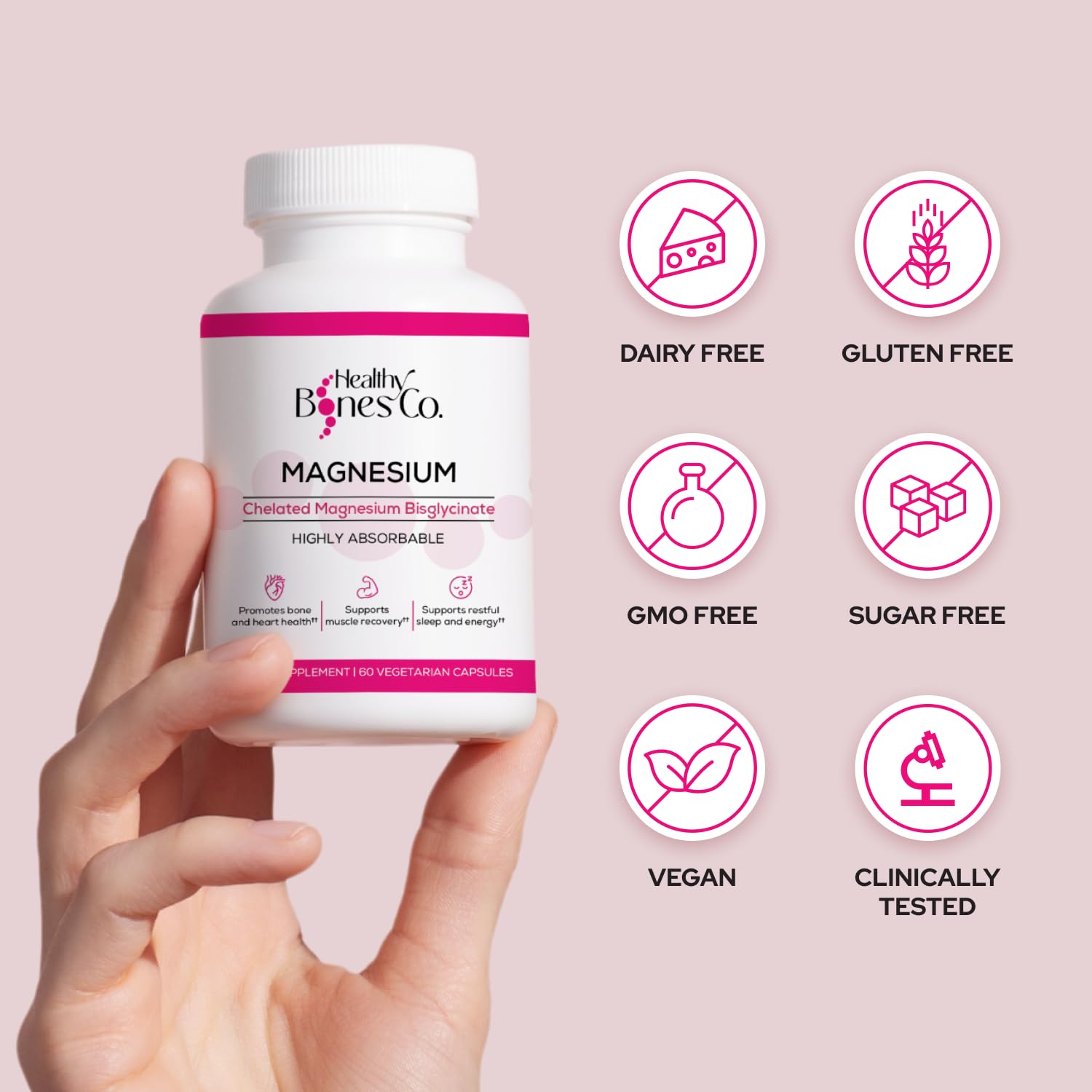 Healthy Bones Co. Magnesium Bisglycinate Chelate capsules in hand