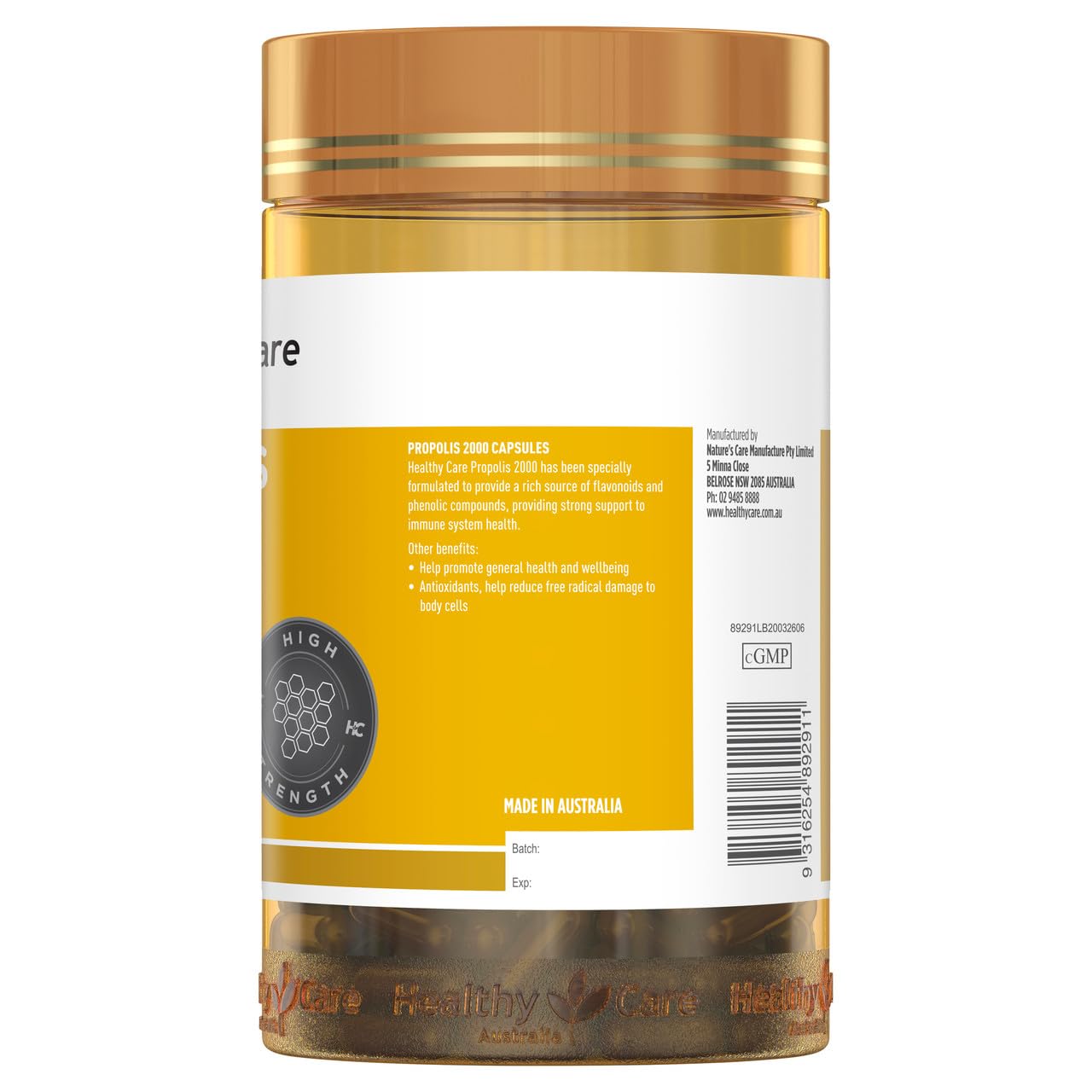 Healthy Care Propolis 2000 bottle side view with label details