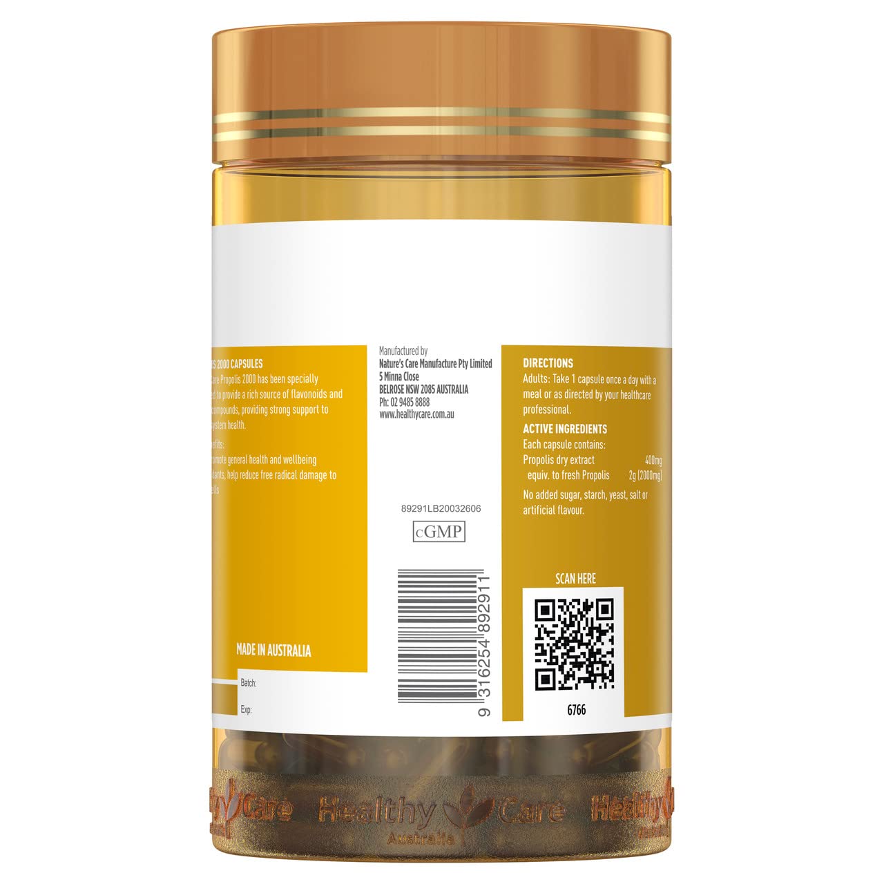 Healthy Care Propolis 2000 capsules close-up showing size