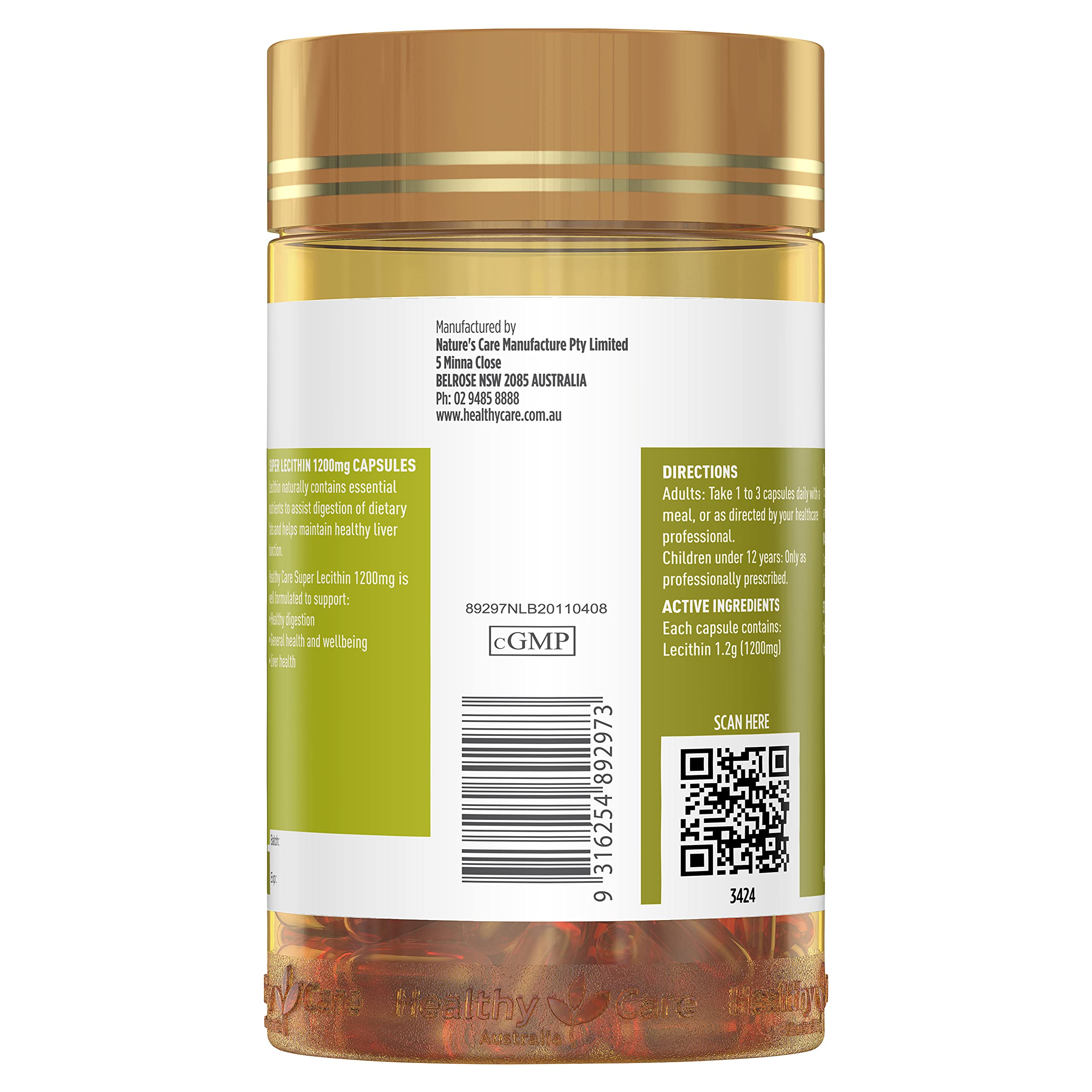 Healthy Care Super Lecithin 1200mg Capsules back view with nutritional information