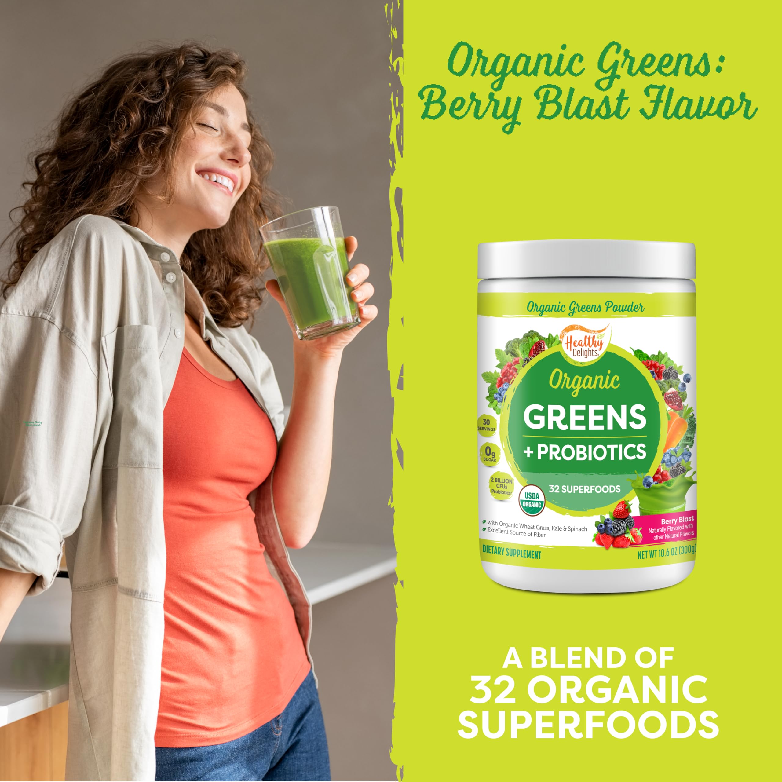 Healthy Delights Organic Greens + Probiotics 386g mixed berry flavour