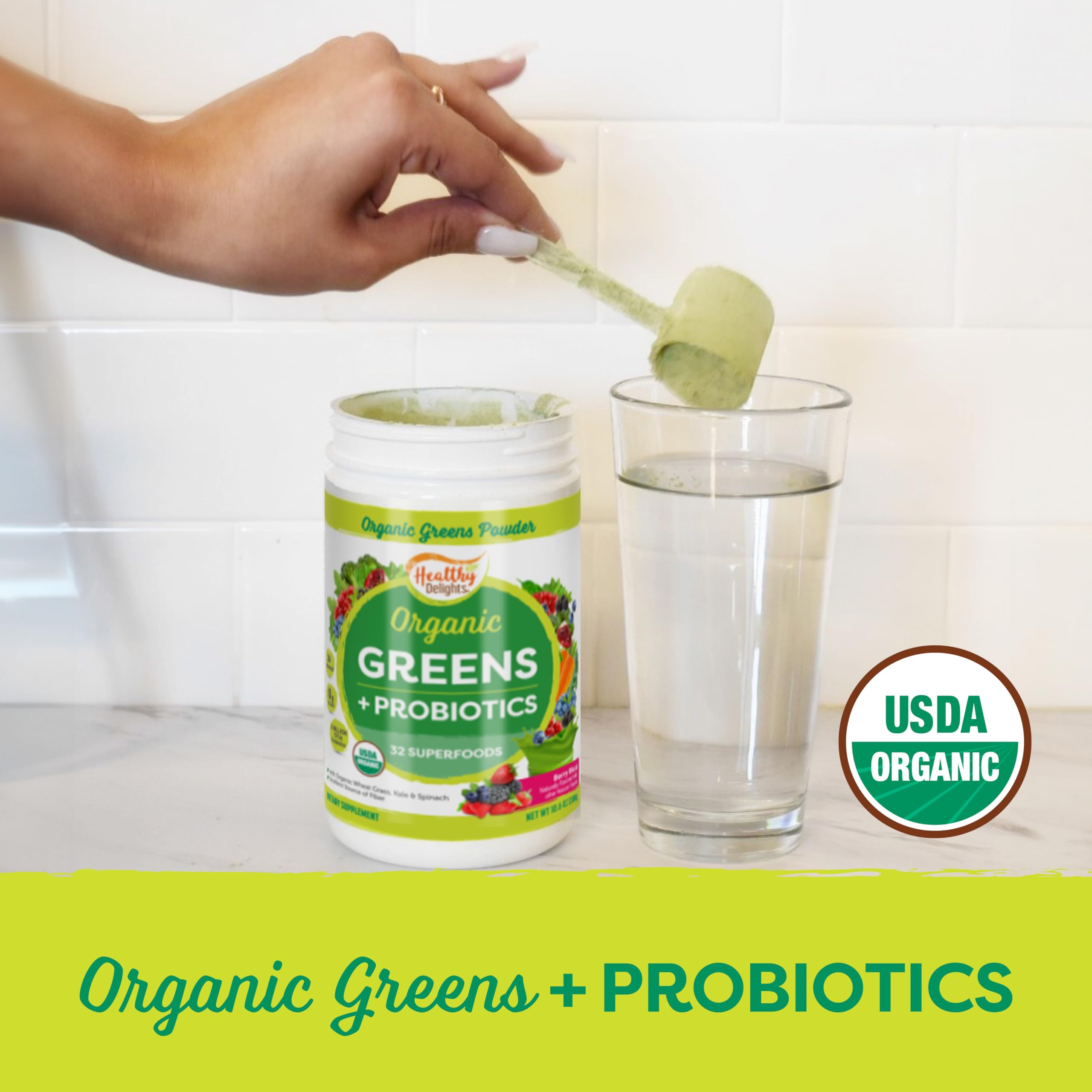 Healthy Delights Organic Greens + Probiotics 386g with smoothie