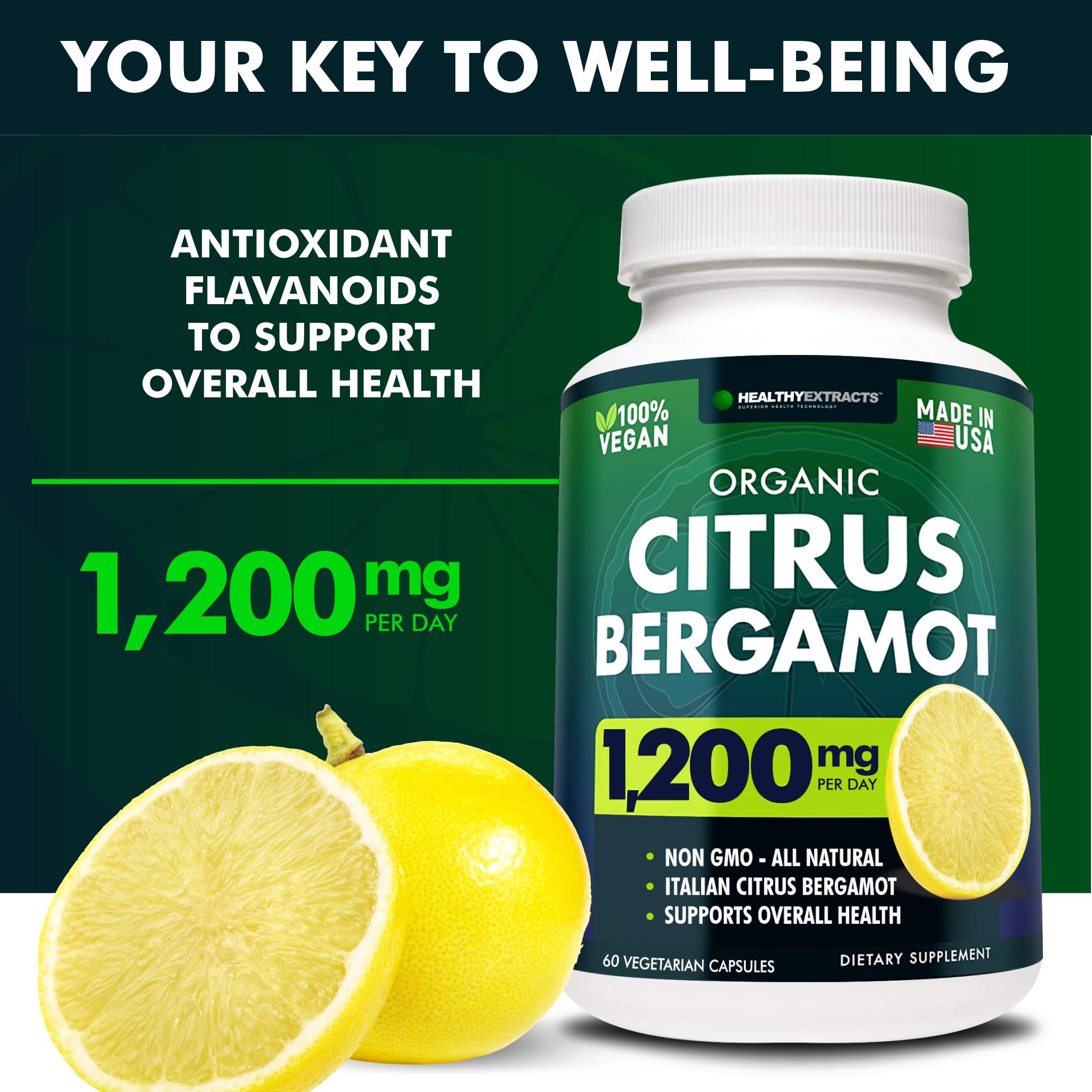 Healthy Extracts Citrus Bergamot Capsules side view showing bottle