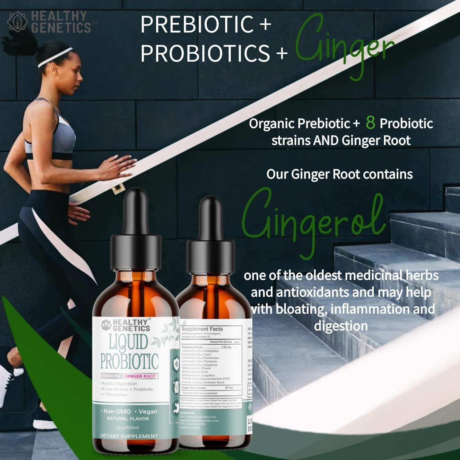 Healthy Genetics Prebiotic Probiotic with Ginger 118g back view