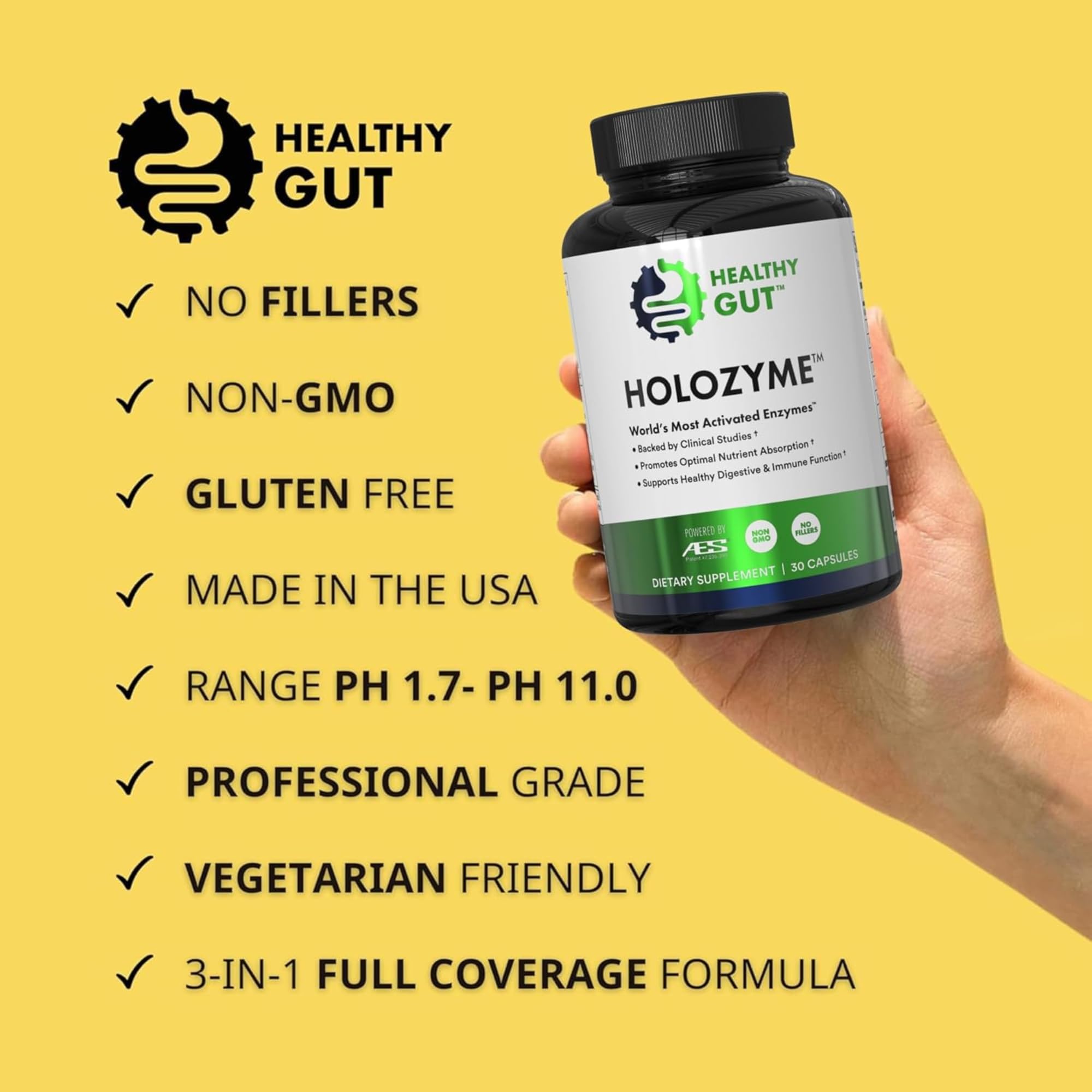 Healthy Gut HoloZyme Multi-Enzyme Supplement on a kitchen counter