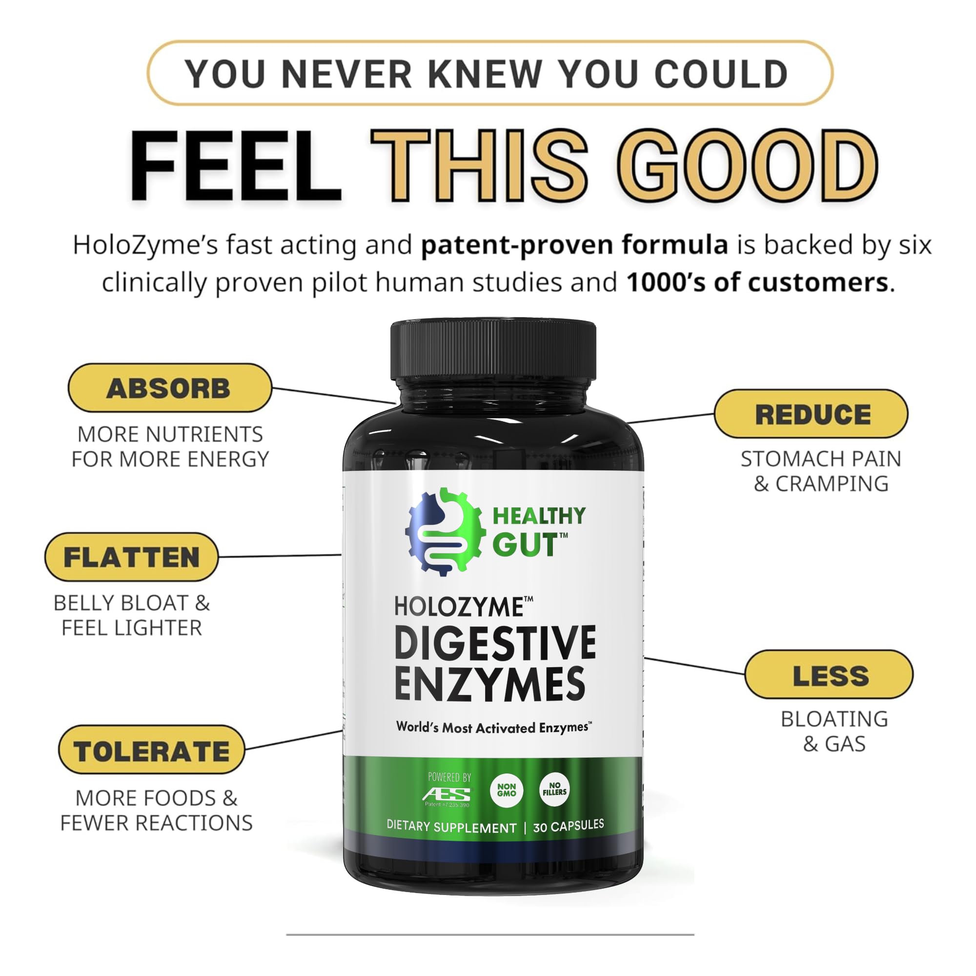 Healthy Gut HoloZyme Multi-Enzyme Supplement with measuring spoon