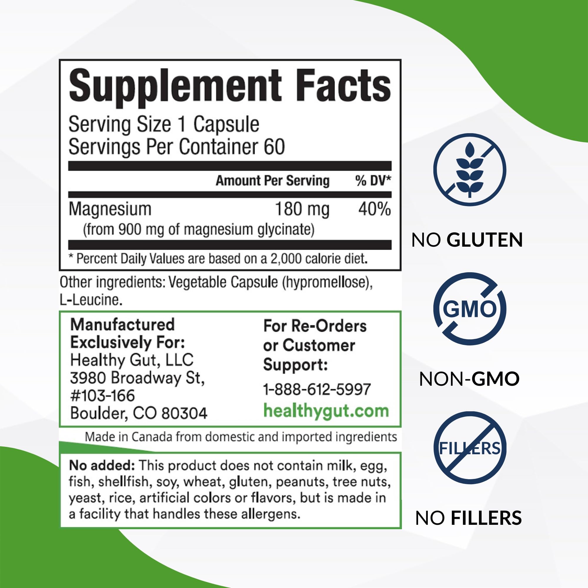 Healthy Gut Magnesium Glycinate Supplement 180mg side view