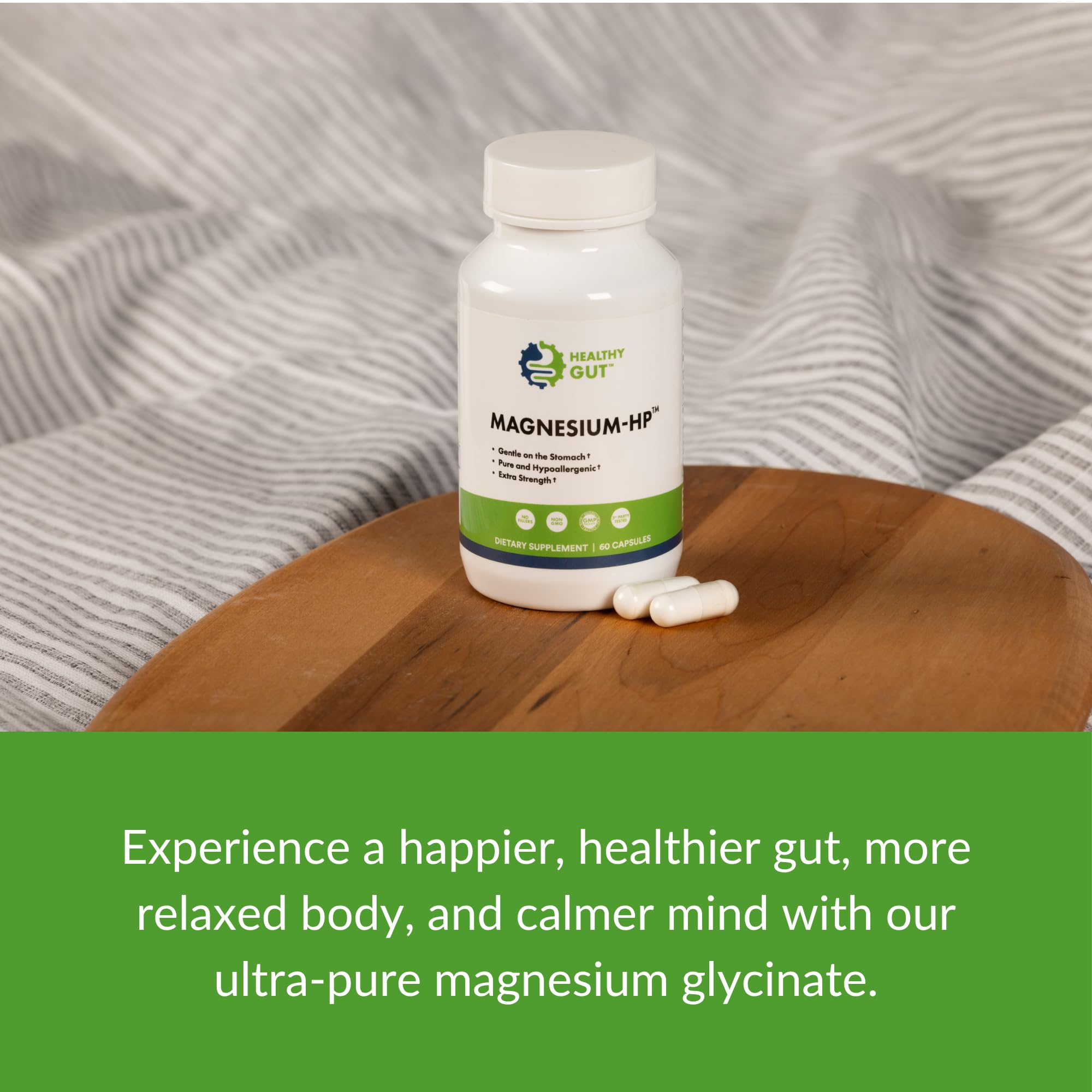 Healthy Gut Magnesium Glycinate Supplement 180mg with a glass of water