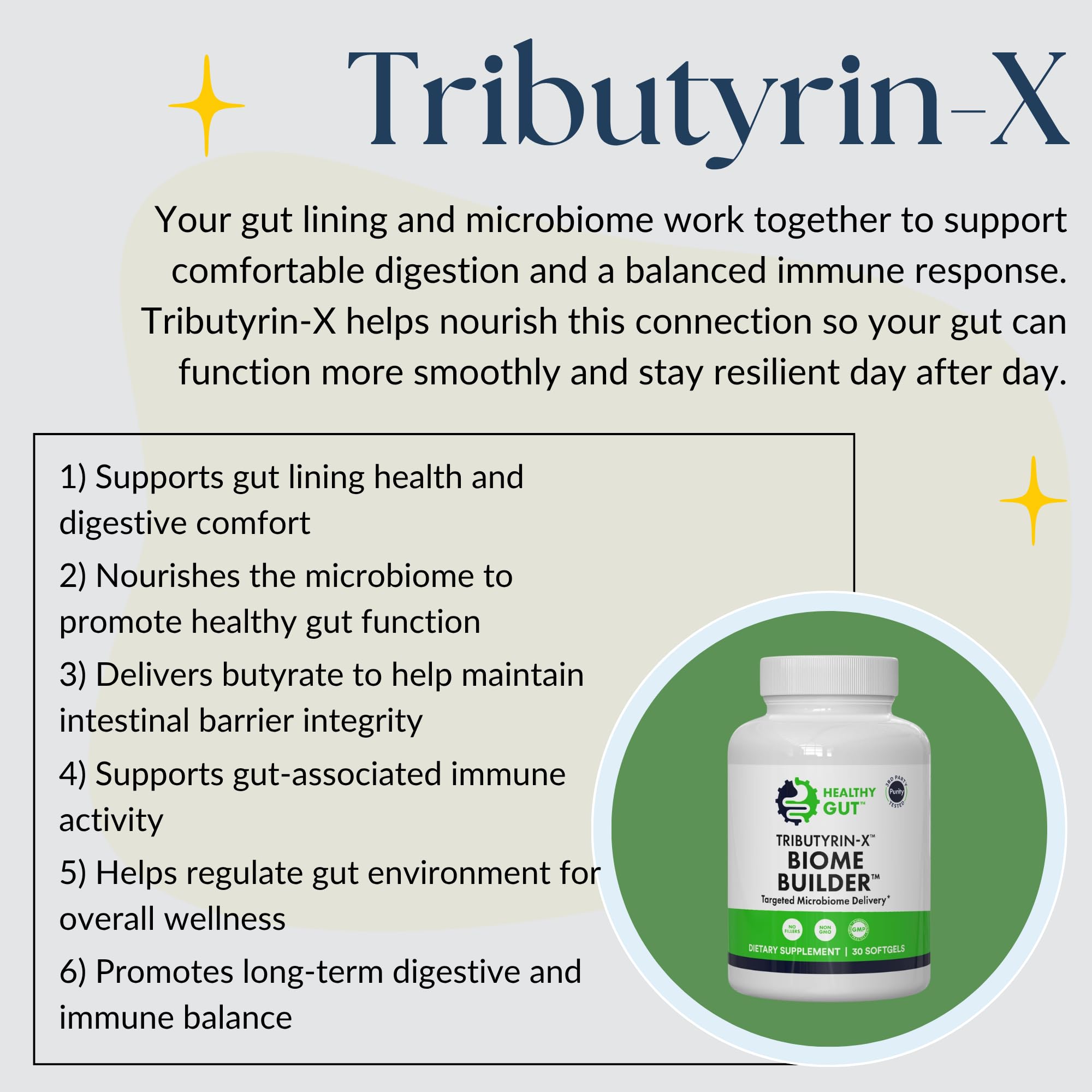 Healthy Gut Tributyrin-X Postbiotic Capsules in hand for scale