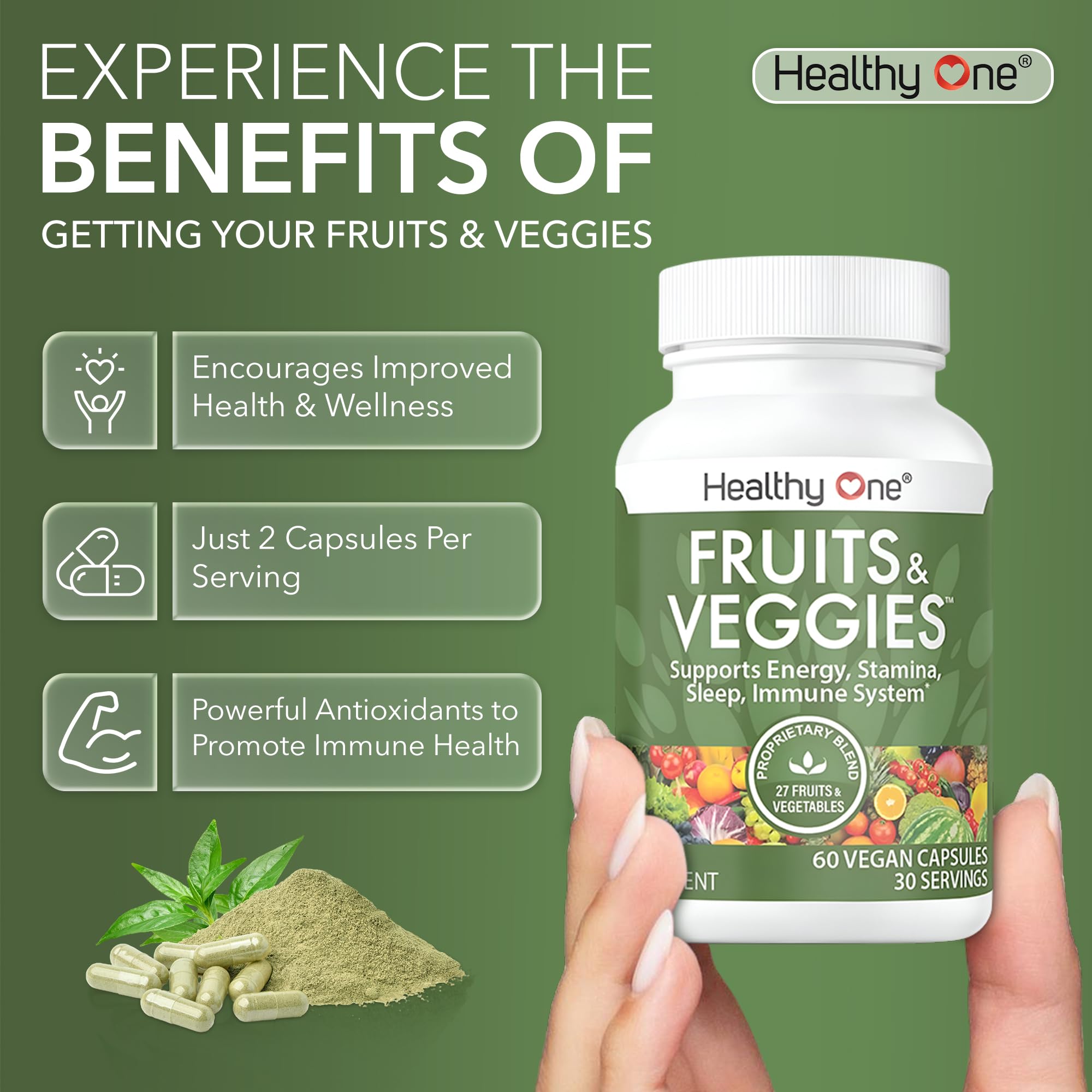 Healthy One Fruits & Veggies supplement packaging on a wooden table