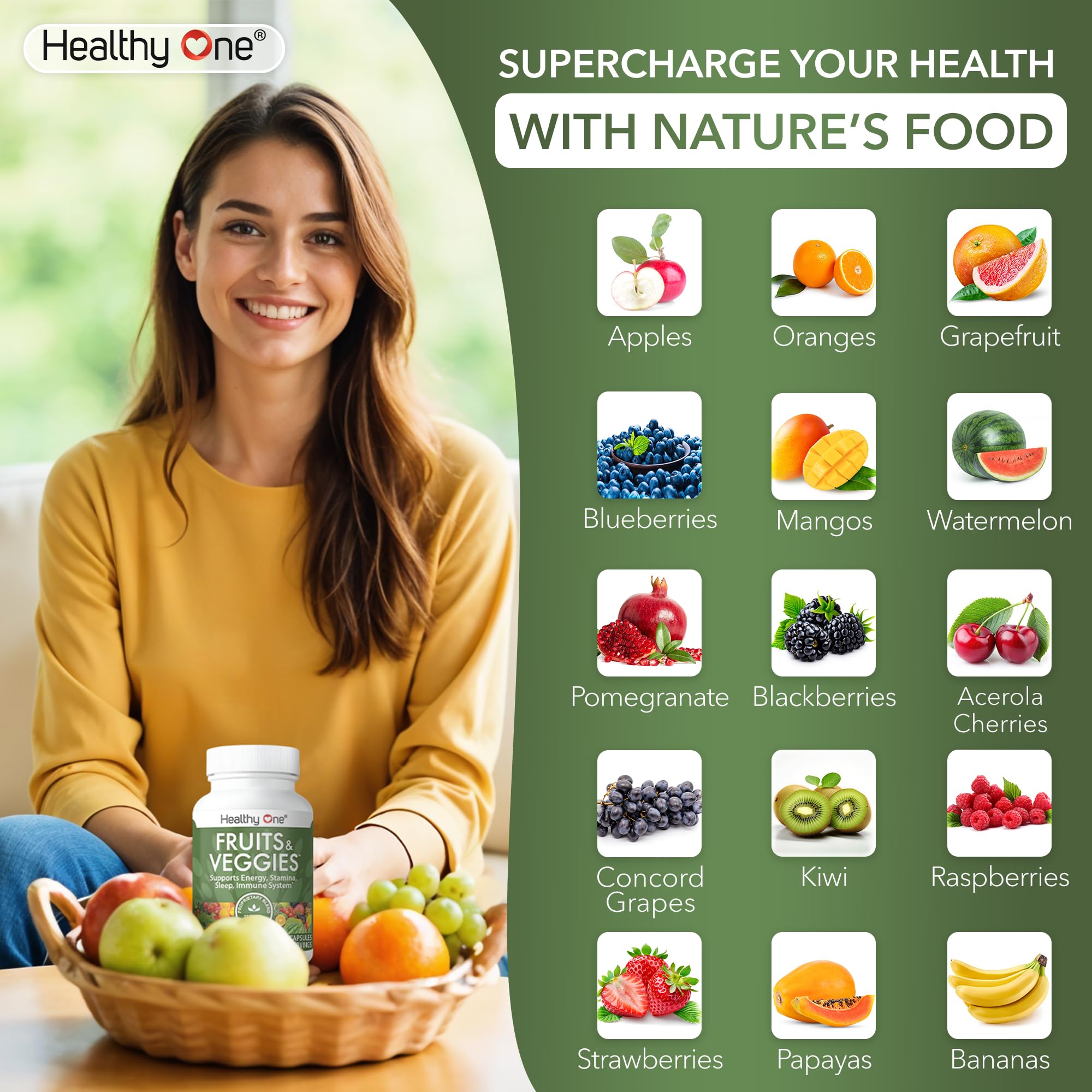 Healthy One Fruits & Veggies supplement side view showing capsule