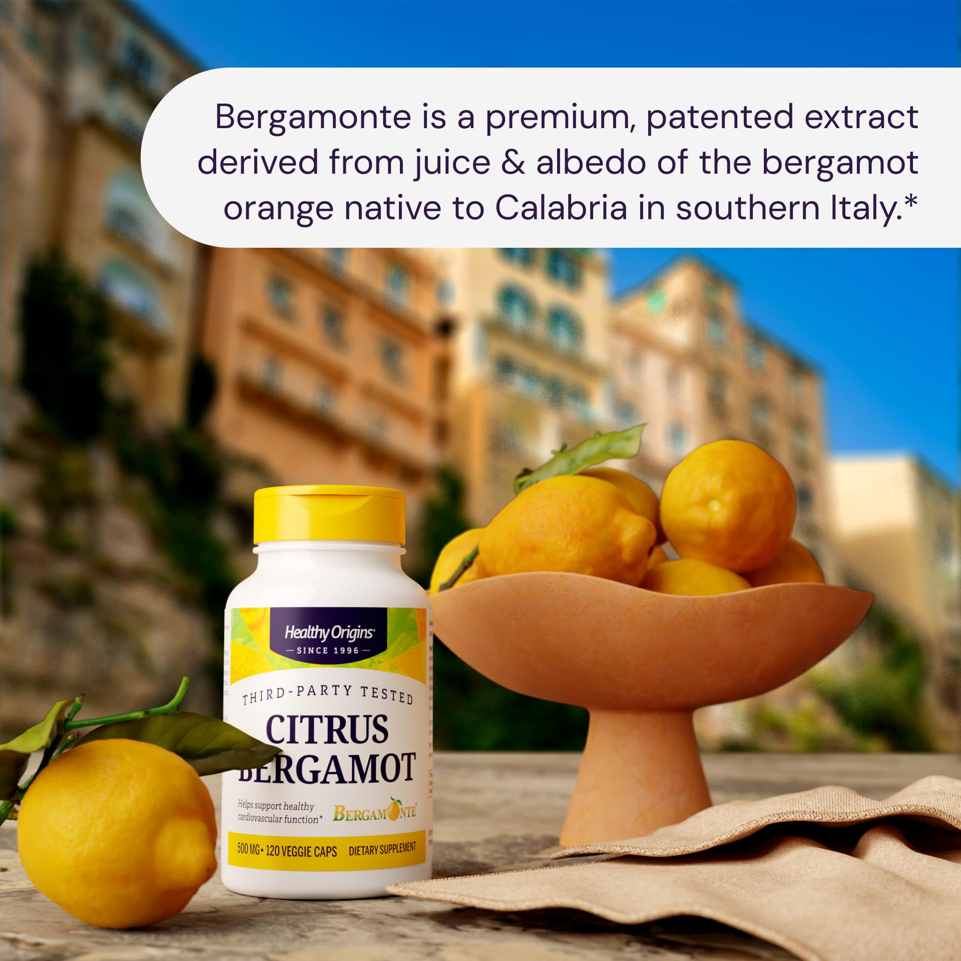 Healthy Origins Citrus Bergamot 500mg capsules in a hand