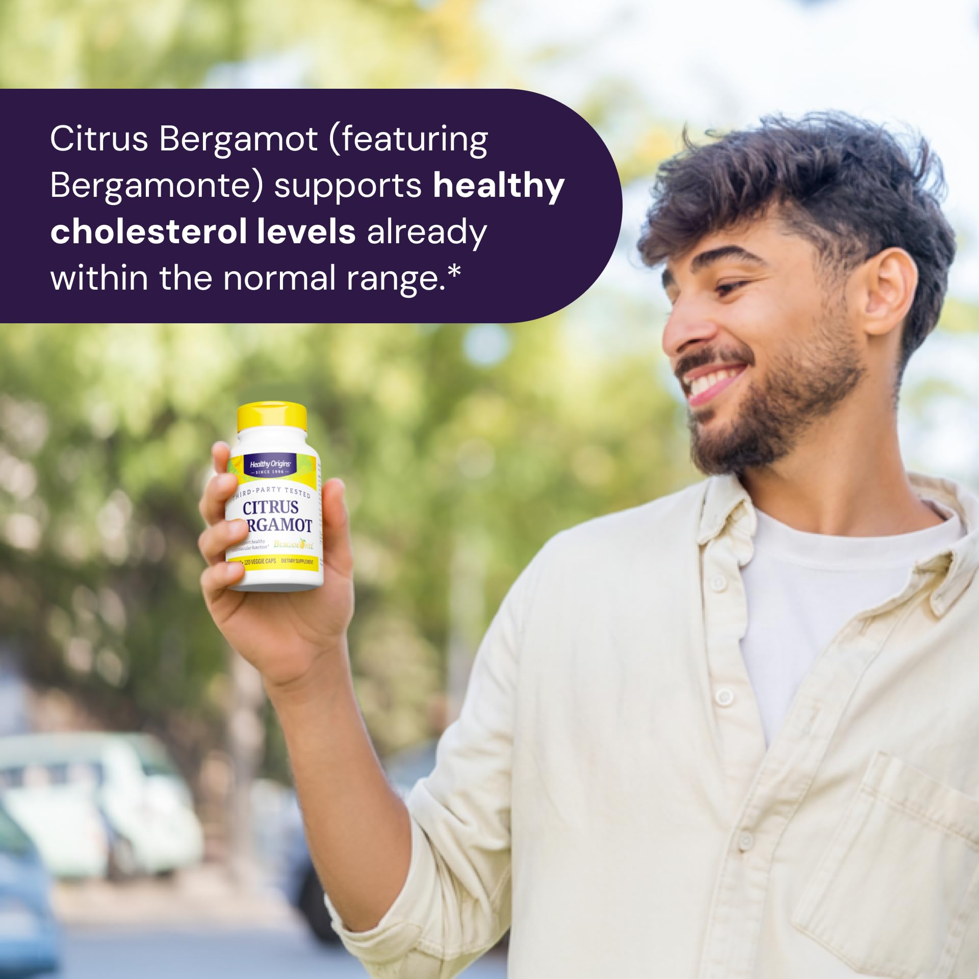 Healthy Origins Citrus Bergamot 500mg capsules on a wooden table
