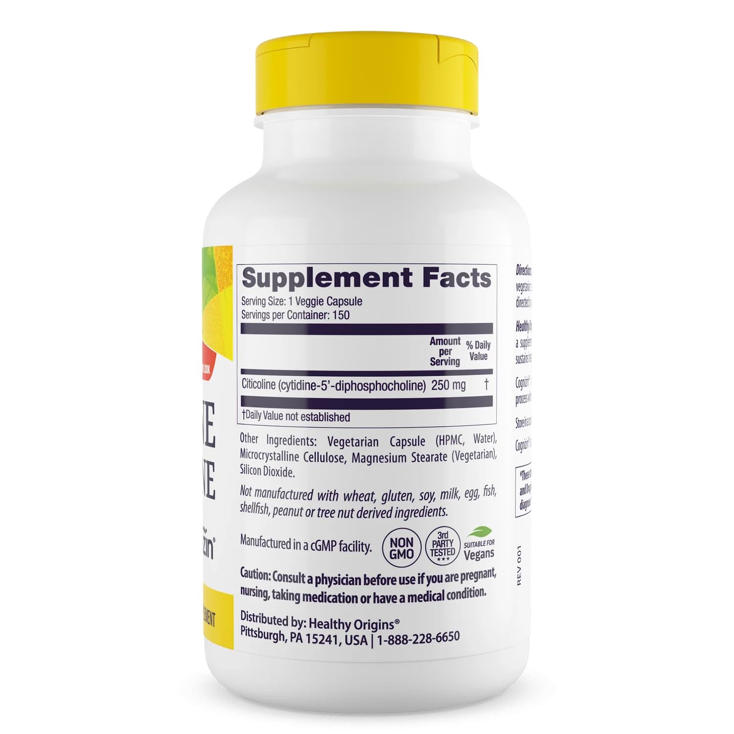 Healthy Origins Cognizin Citicoline 100g back view with ingredients