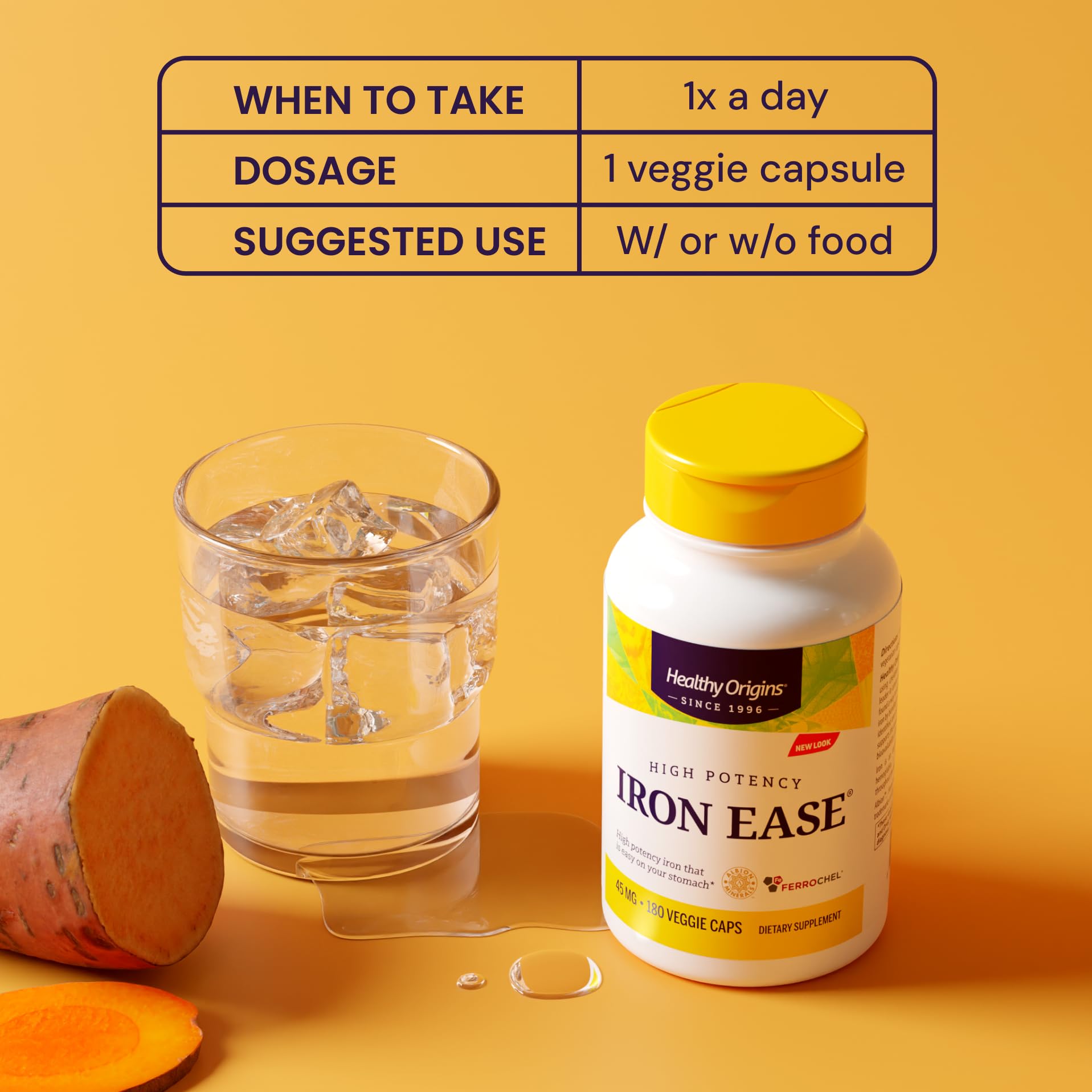 Healthy Origins Iron Ease 45mg capsules with a measuring spoon