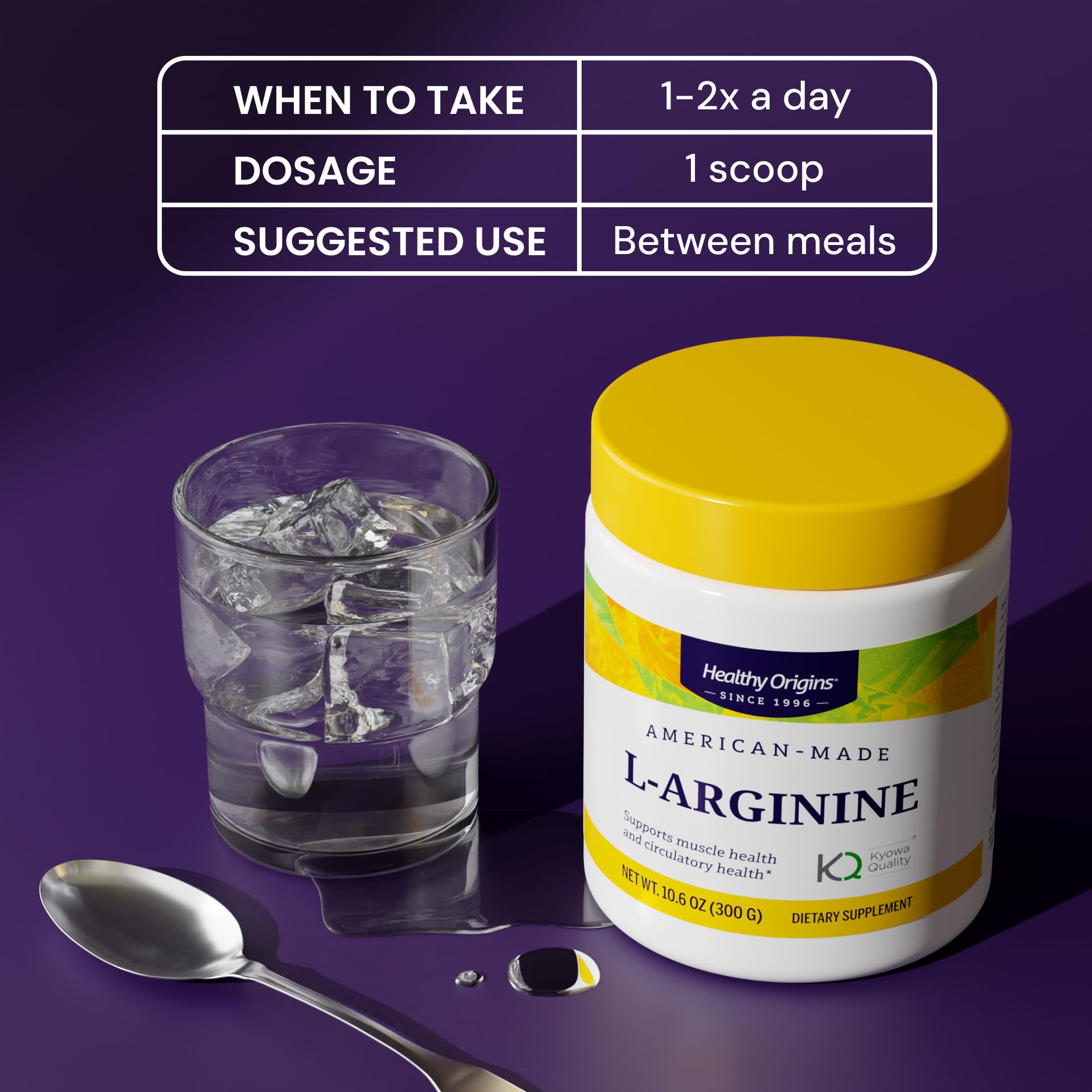 Healthy Origins L-Arginine 358g displayed with a measuring scoop