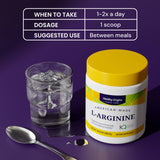 Healthy Origins L-Arginine 358g displayed with a measuring scoop