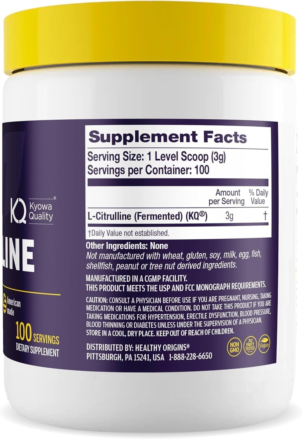 Healthy Origins L-Citrulline supplement label with nutritional information