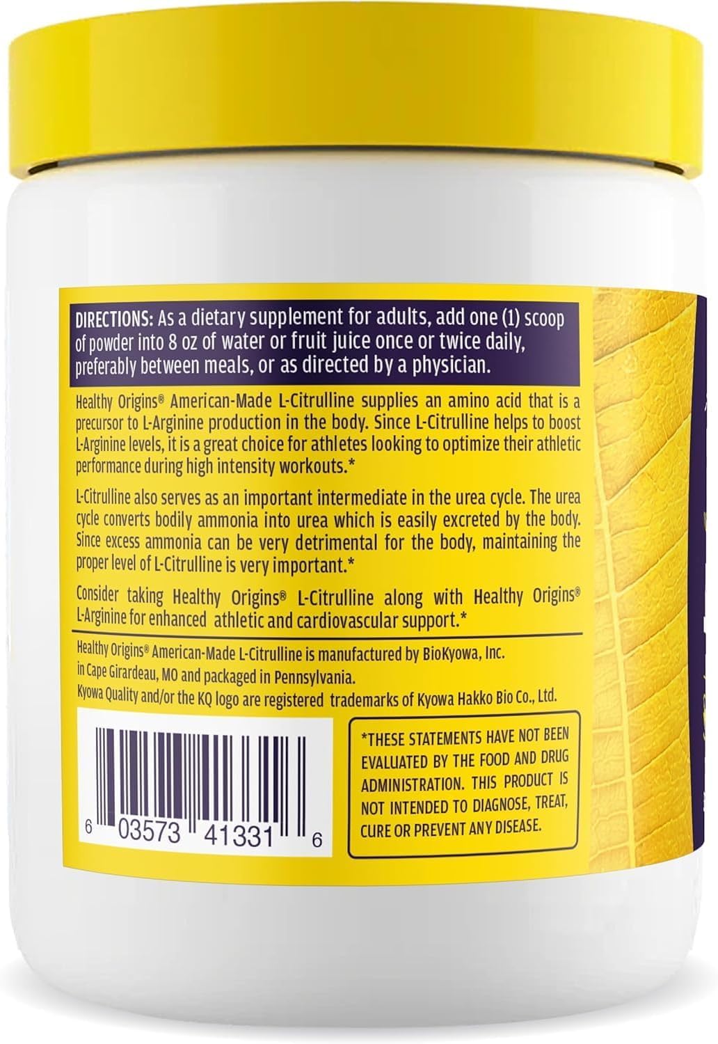 Healthy Origins L-Citrulline supplement side view showing packaging