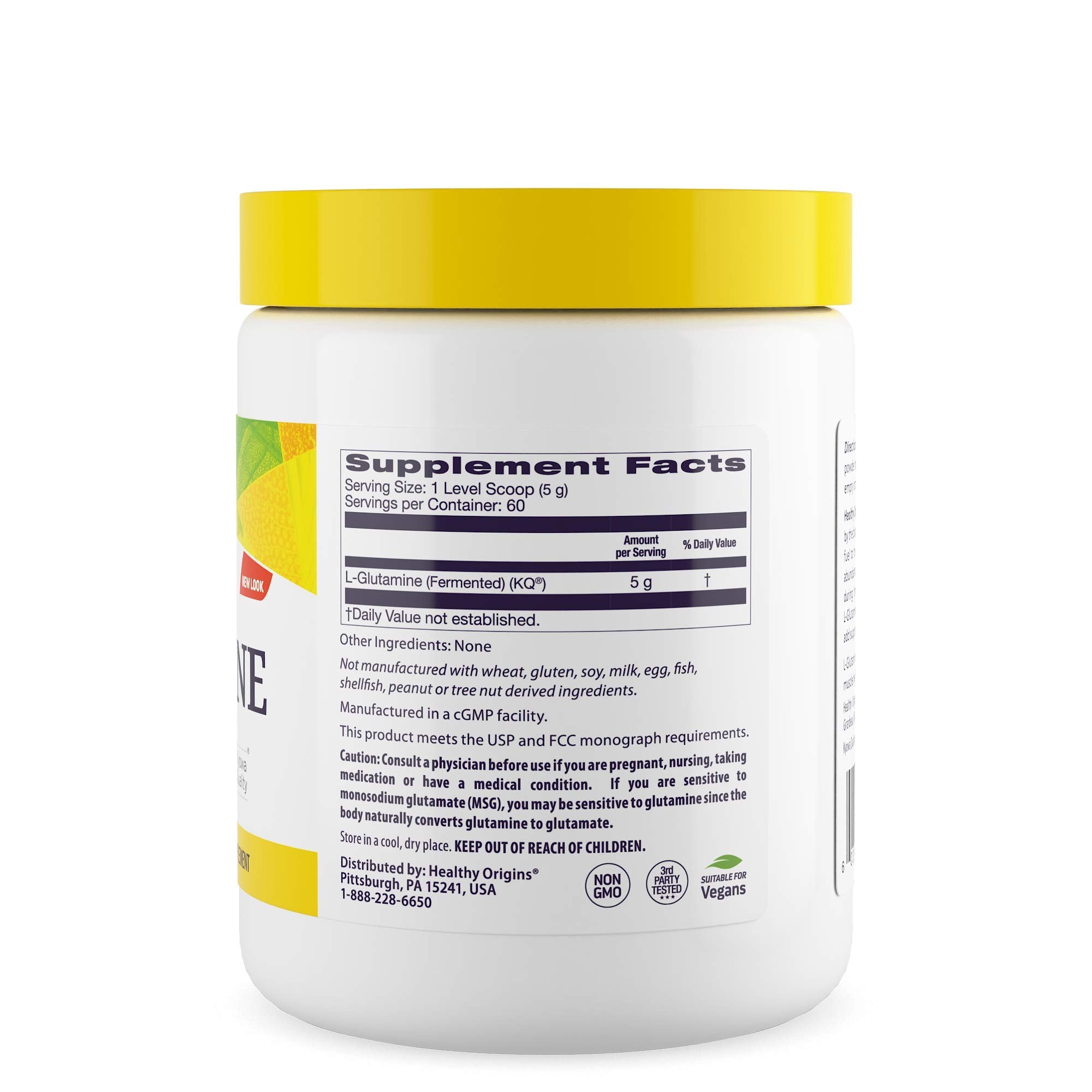 Healthy Origins L-Glutamine Powder 200g packaging side view