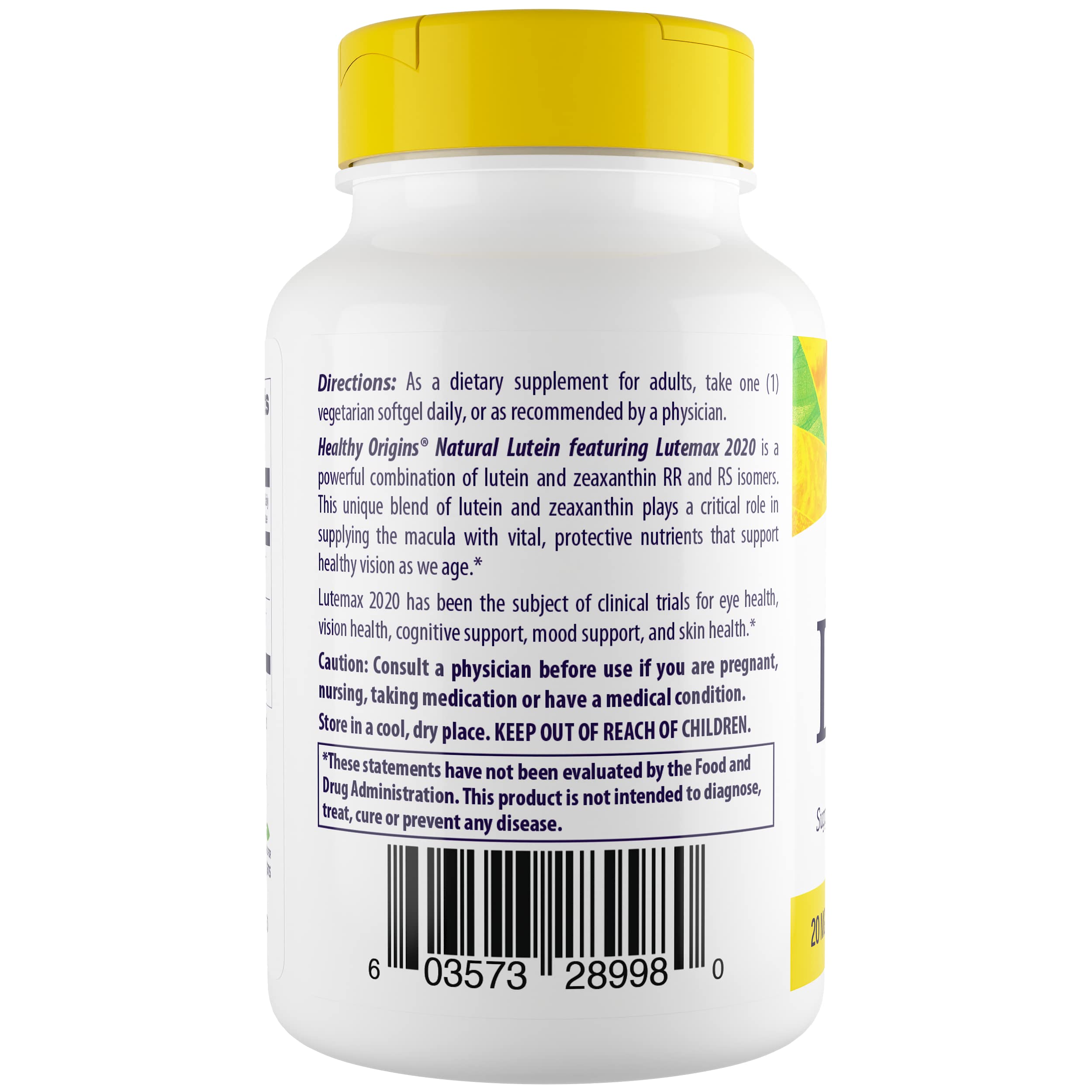 Healthy Origins Lutein 20mg softgel bottle side view