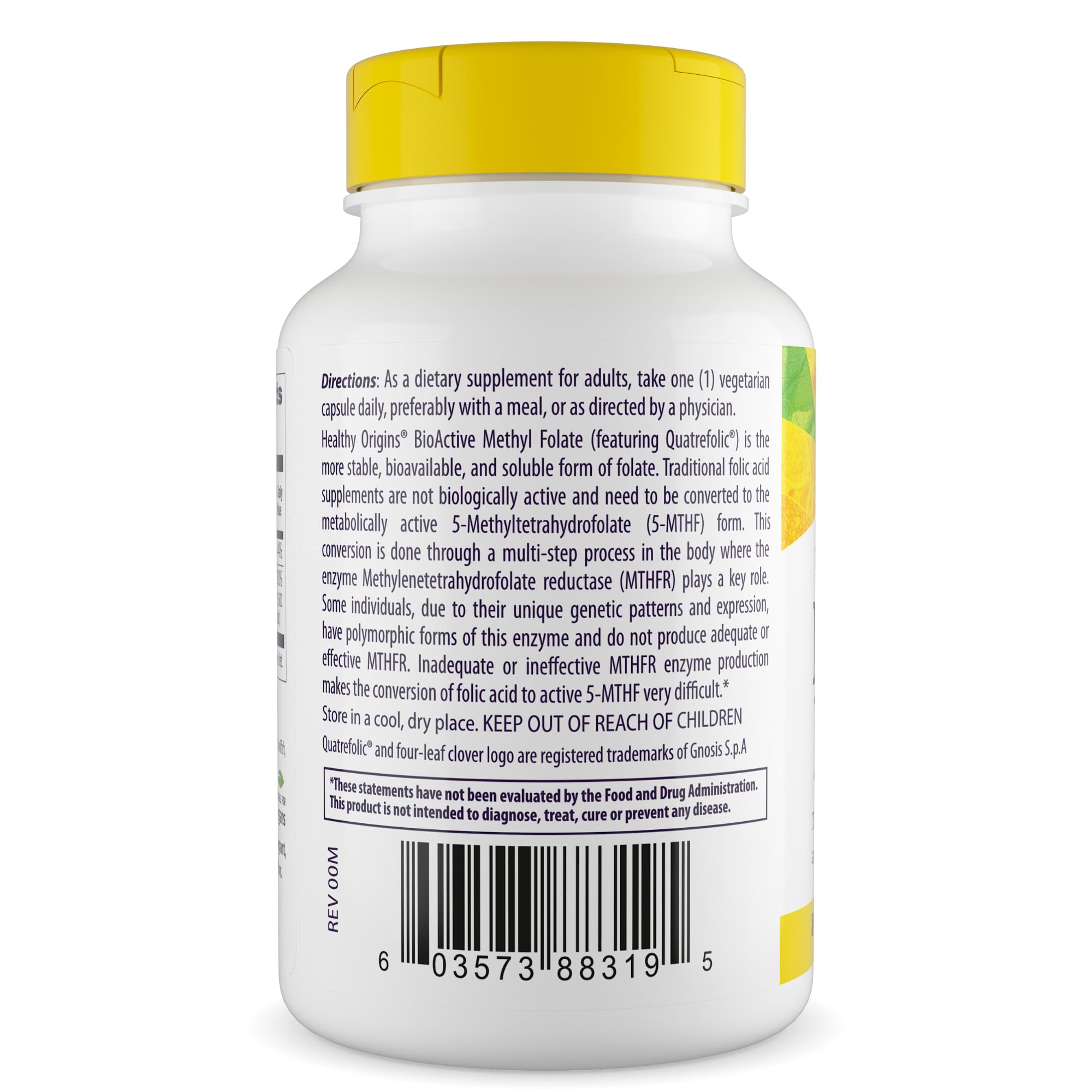 Healthy Origins Methyl Folate 800 mcg Quatrefolic Capsules bottle with label