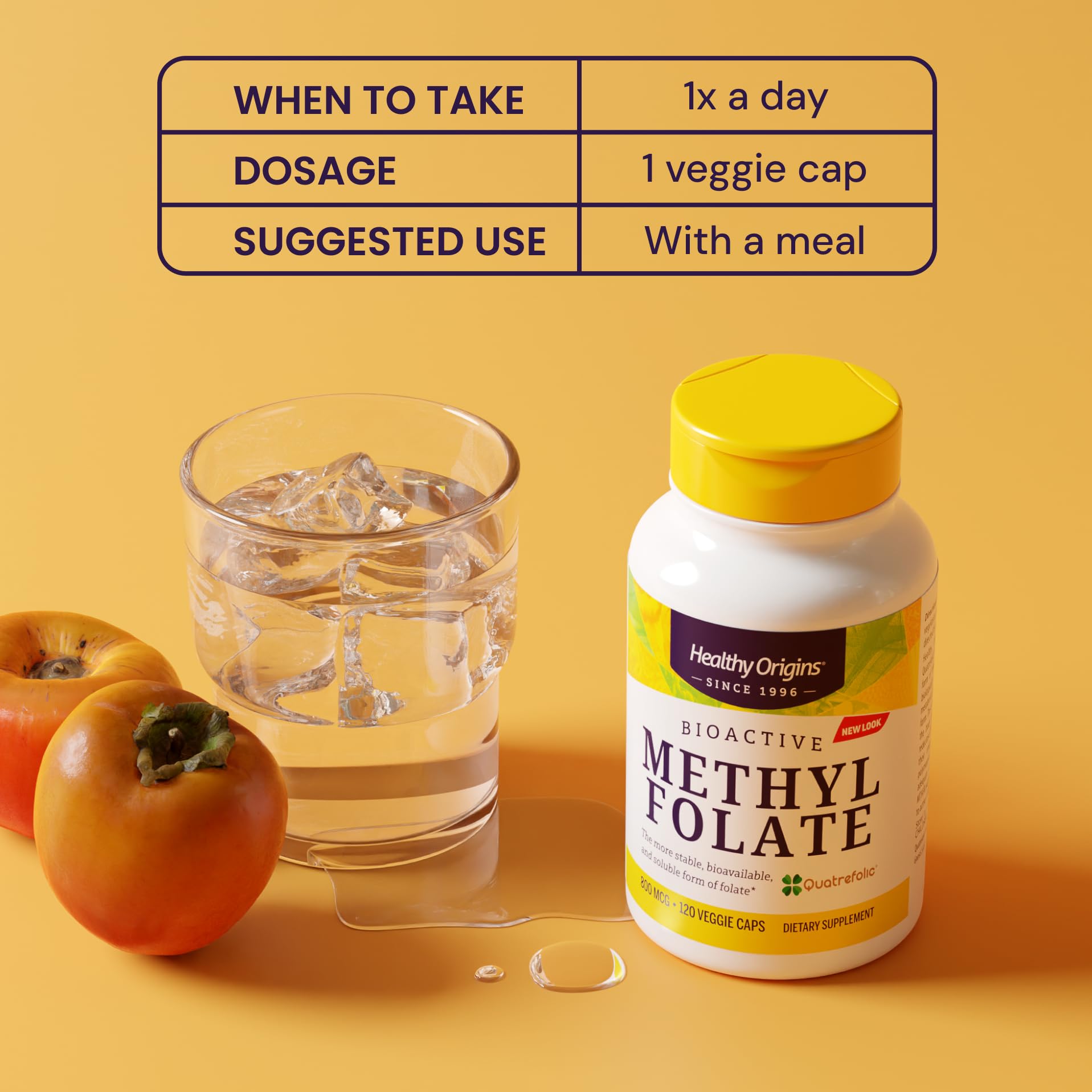 Healthy Origins Methyl Folate 800 mcg Quatrefolic Capsules on a wooden table