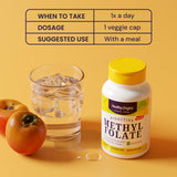 Healthy Origins Methyl Folate 800 mcg Quatrefolic Capsules on a wooden table