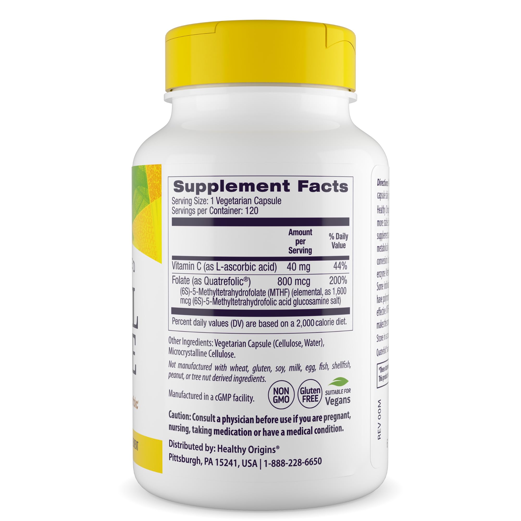 Healthy Origins Methyl Folate 800 mcg Quatrefolic Capsules side view
