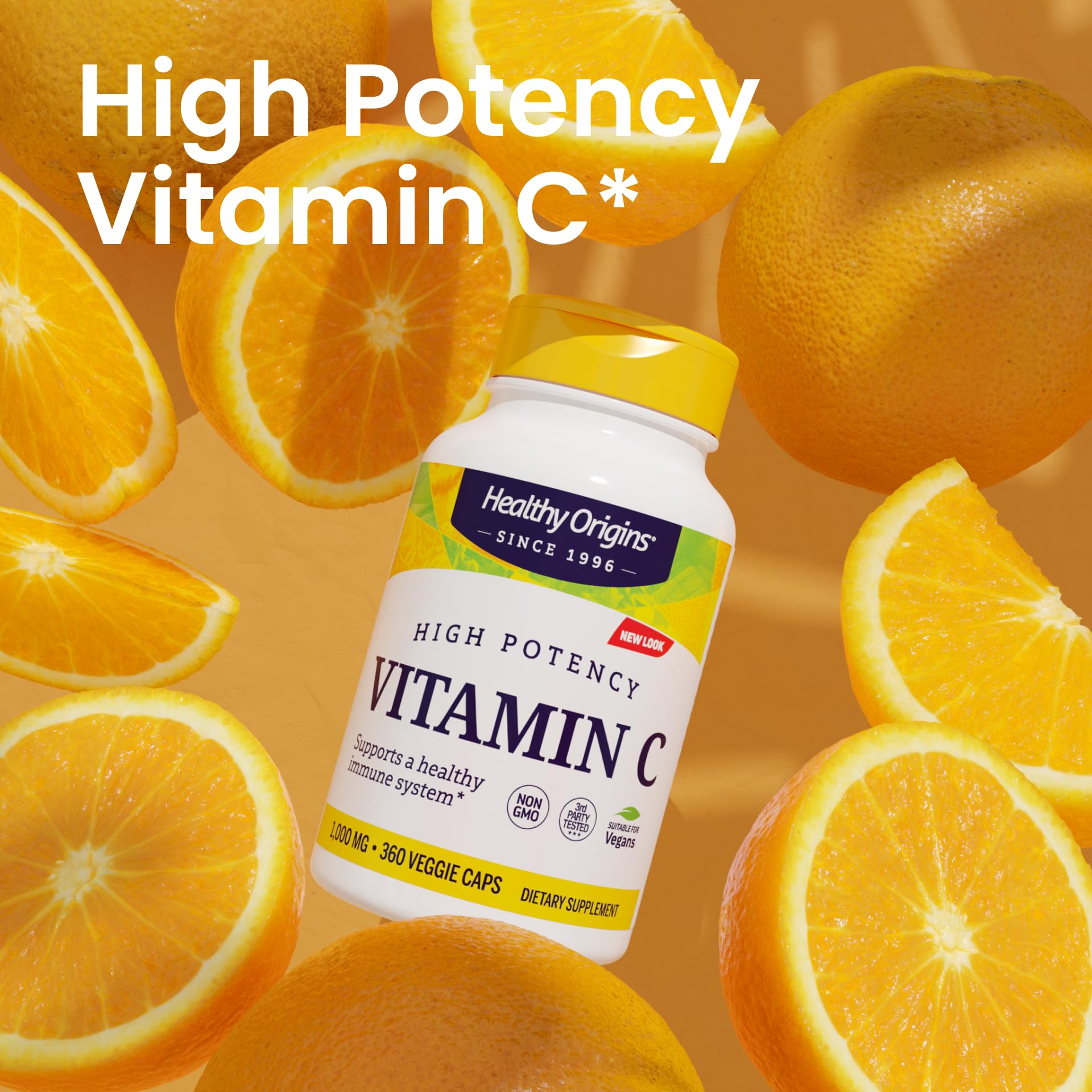 Healthy Origins Vitamin C capsules on wooden table