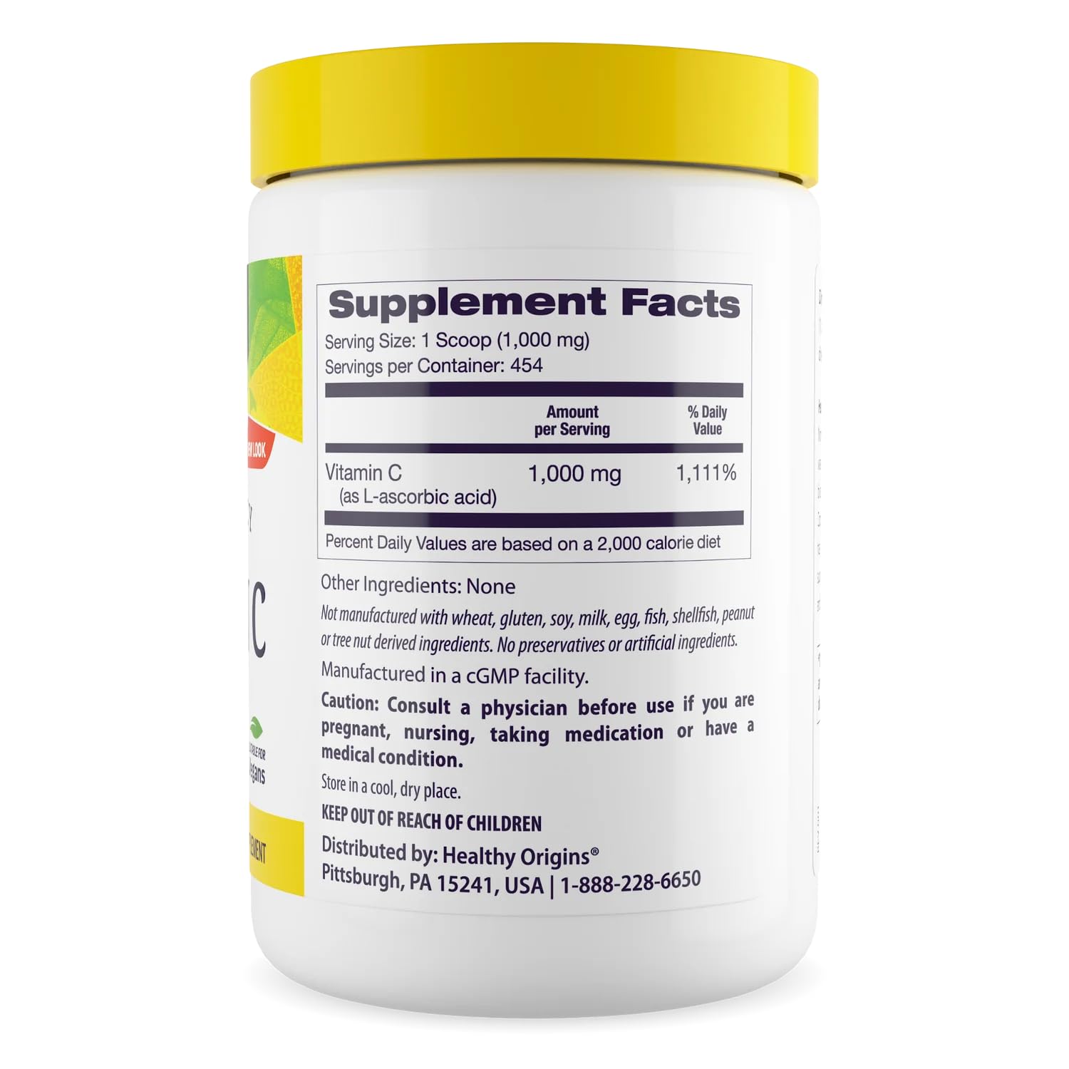 Healthy Origins Vitamin C Powder 1,000mg 16 oz jar side view