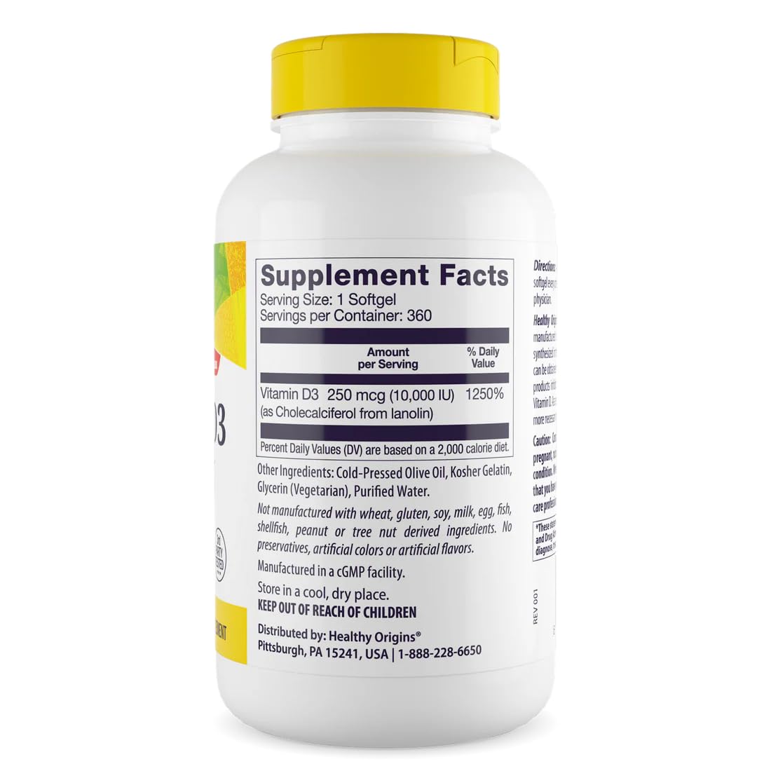 Healthy Origins Vitamin D3 Maximum Potency 172g bottle with cap
