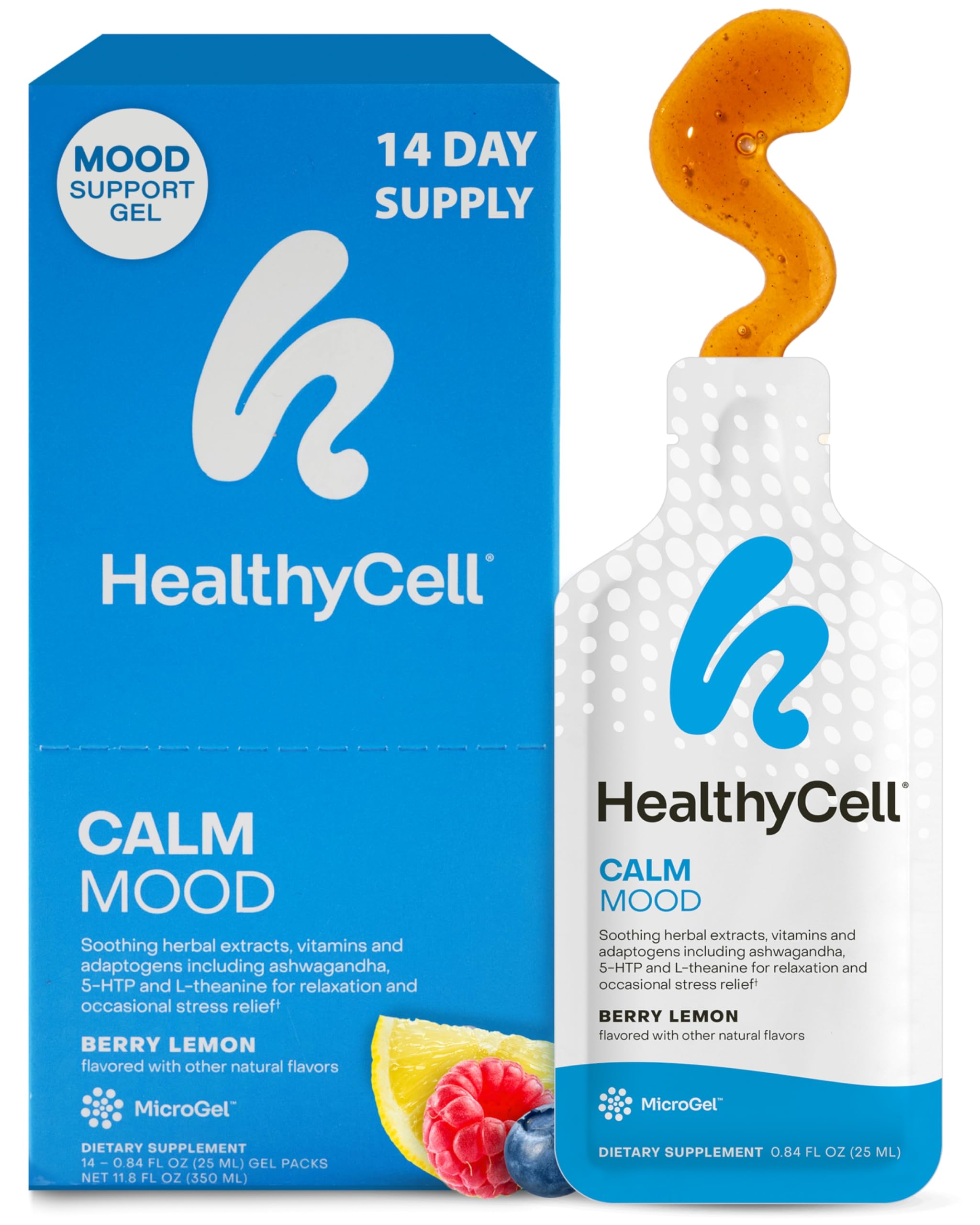 Healthycell 5-HTP MicroGel pack front view with berry lemon flavour