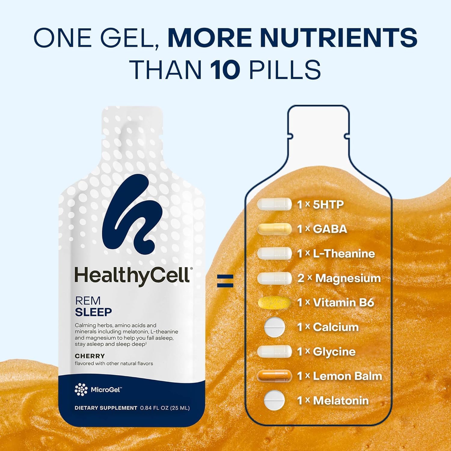 Healthycell REM Sleep MicroGel gel pack in a glass with drink